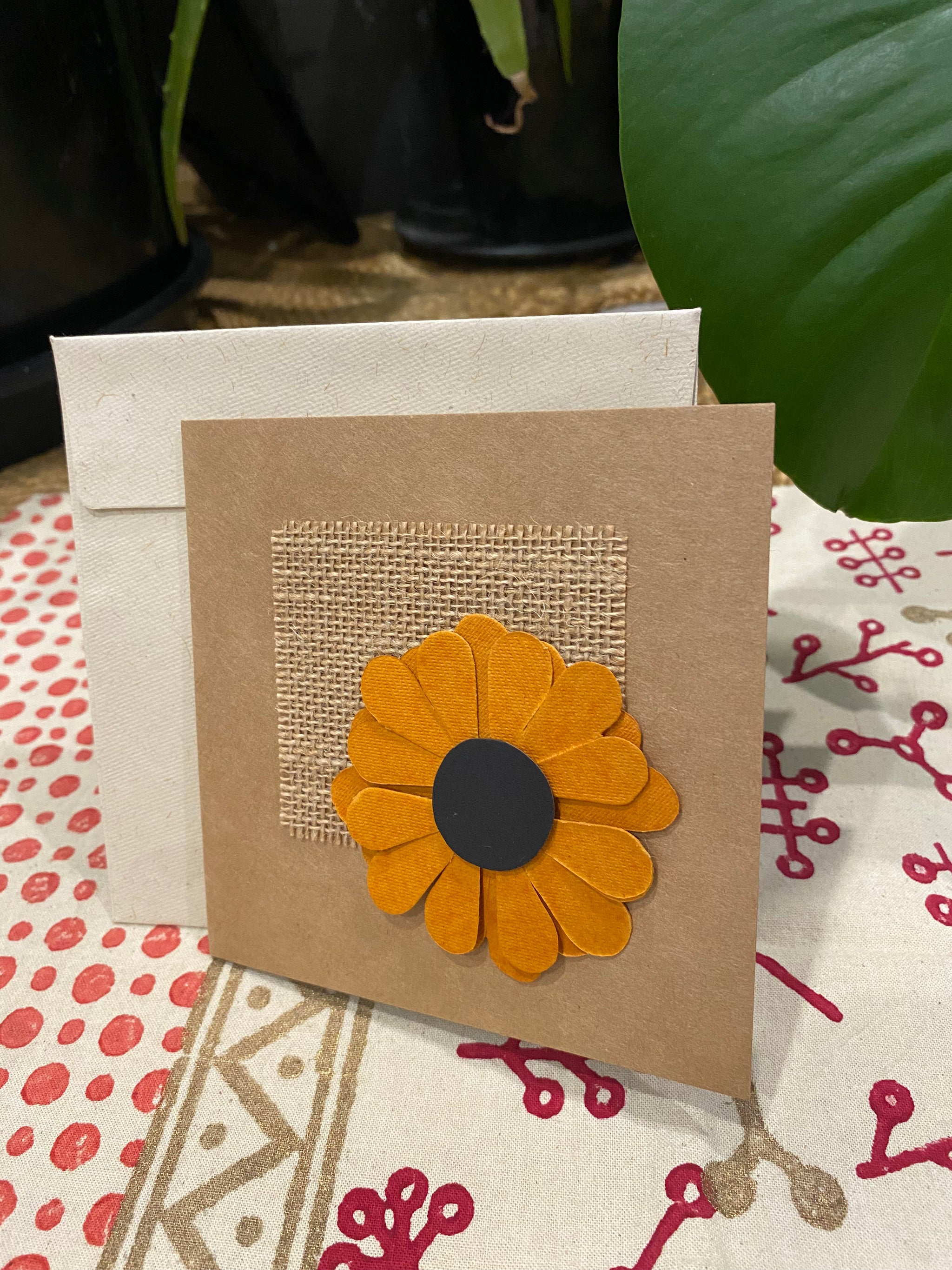 Orange Sunflower on Hessian – Handcrafted Greeting Card – Fair Trade (Sasha India)