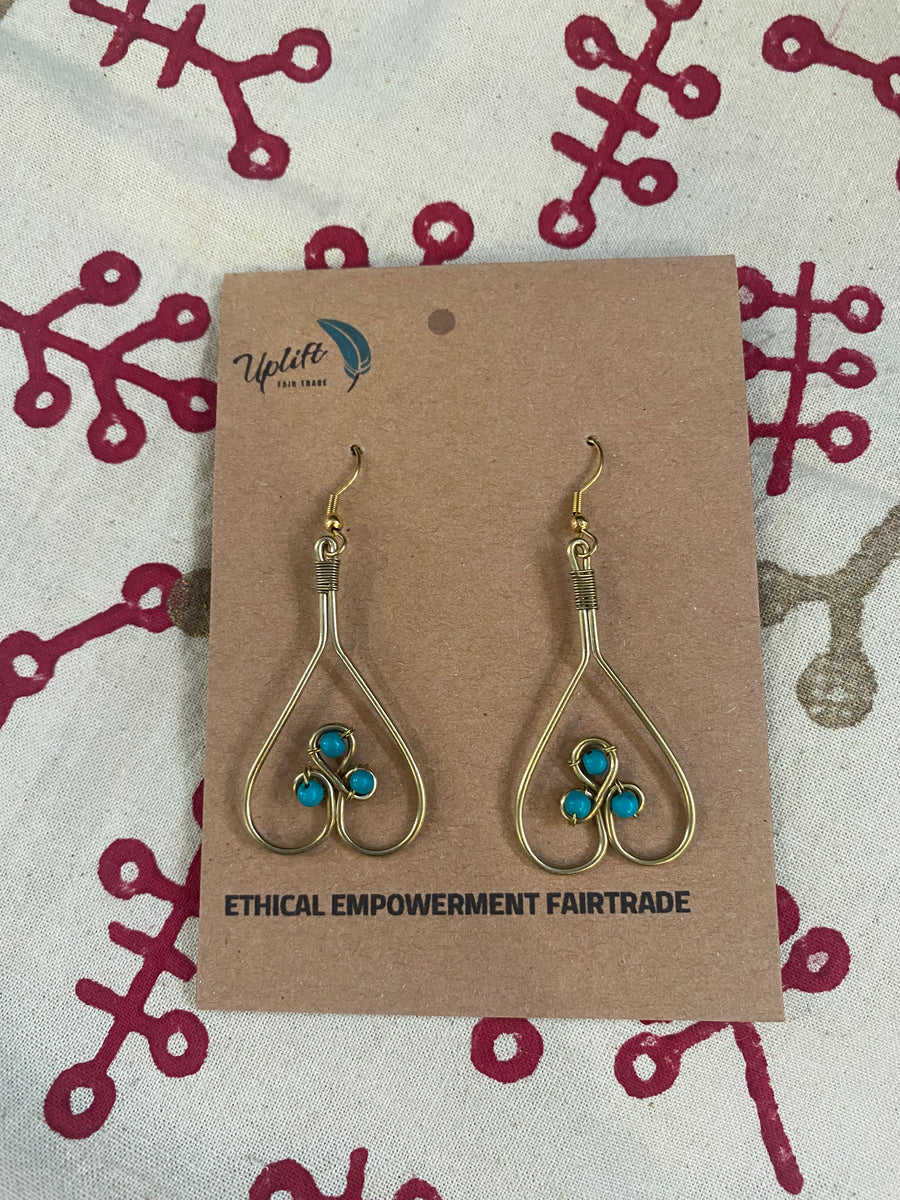 Brass Heart Drop Earrings with Beads – Fair Trade (Sasha India)
