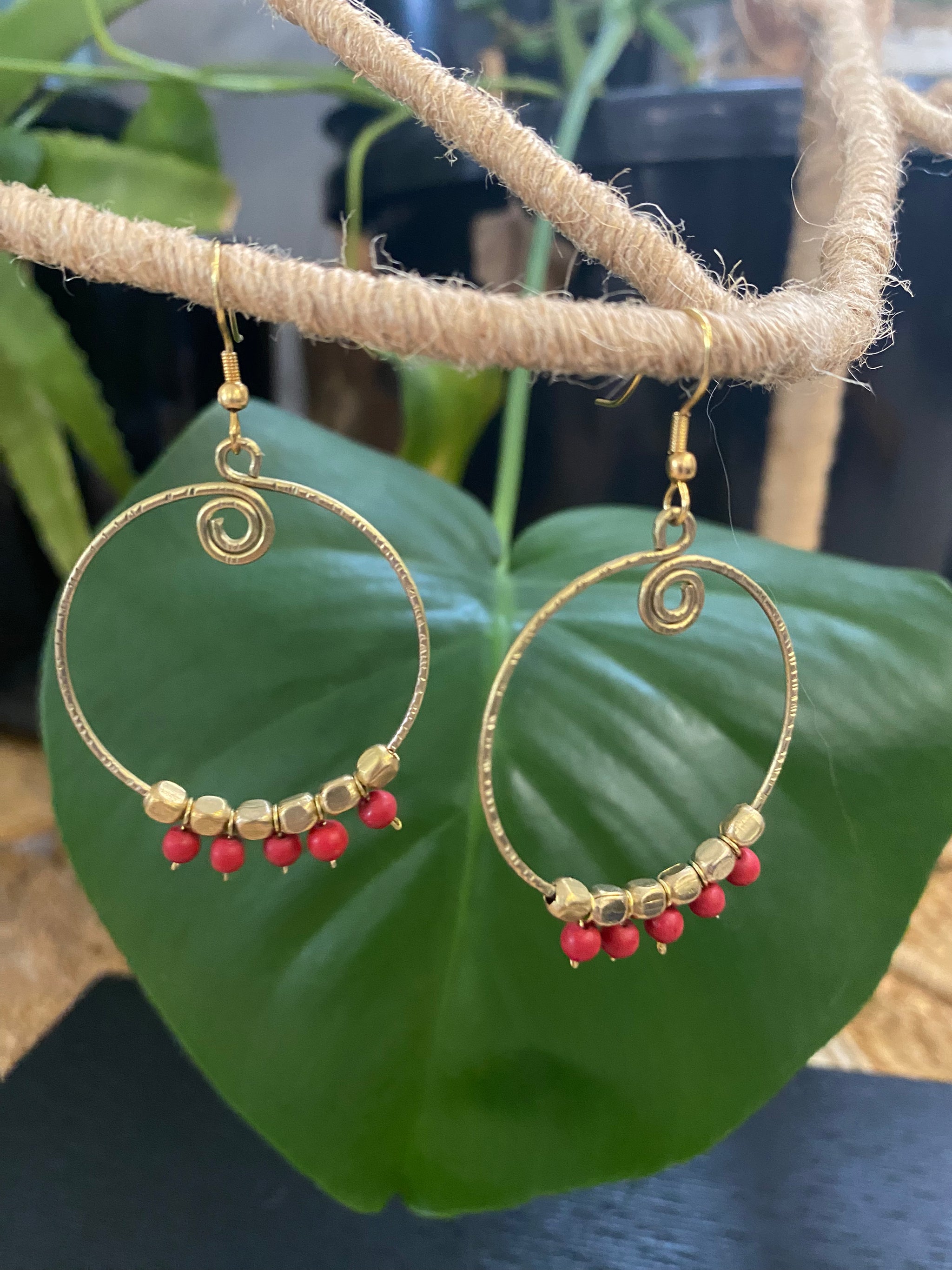 Brass Hoop Earrings with Beads – 3.5cm (Fair Trade, Sasha, India)