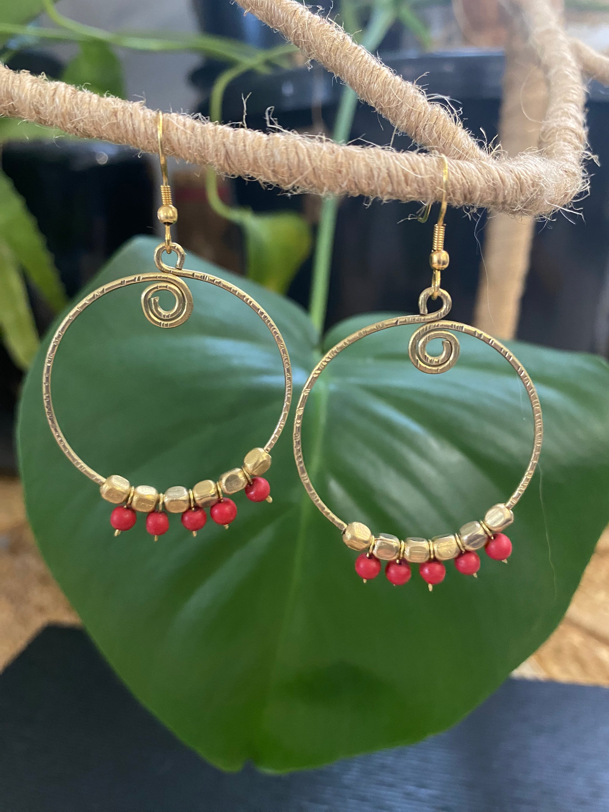 Brass Hoop Earrings with Beads – 3.5cm (Fair Trade, Sasha, India)