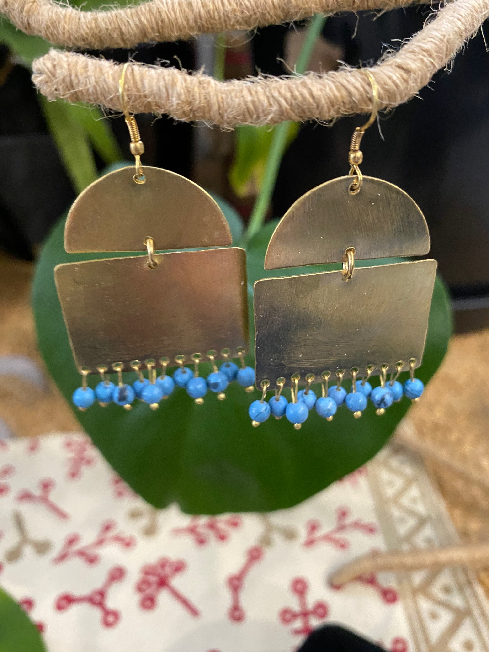 Golden Glow Block Earrings – Brass & Turquoise Beads – Fair Trade (Sasha India)