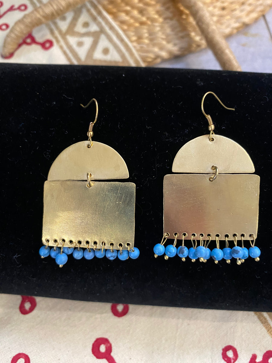 Golden Glow Block Earrings – Brass & Turquoise Beads – Fair Trade (Sasha India)