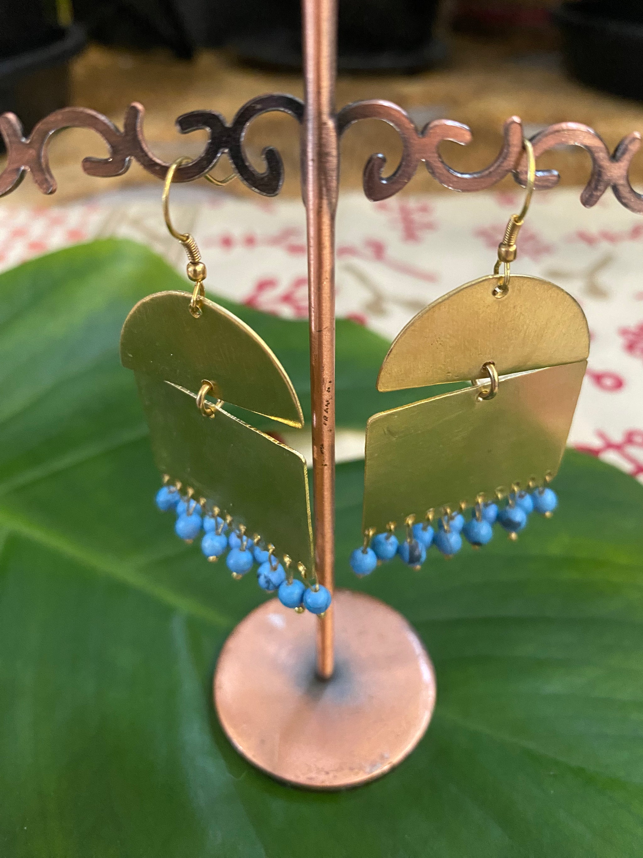 Golden Glow Block Earrings – Brass & Turquoise Beads – Fair Trade (Sasha India)