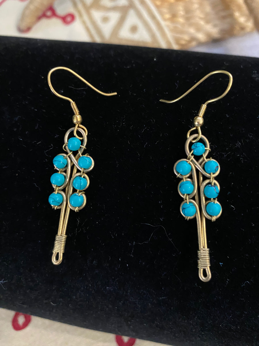 Tree of Life Earrings – Brass & Turquoise Beads – Fair Trade (Sasha India)