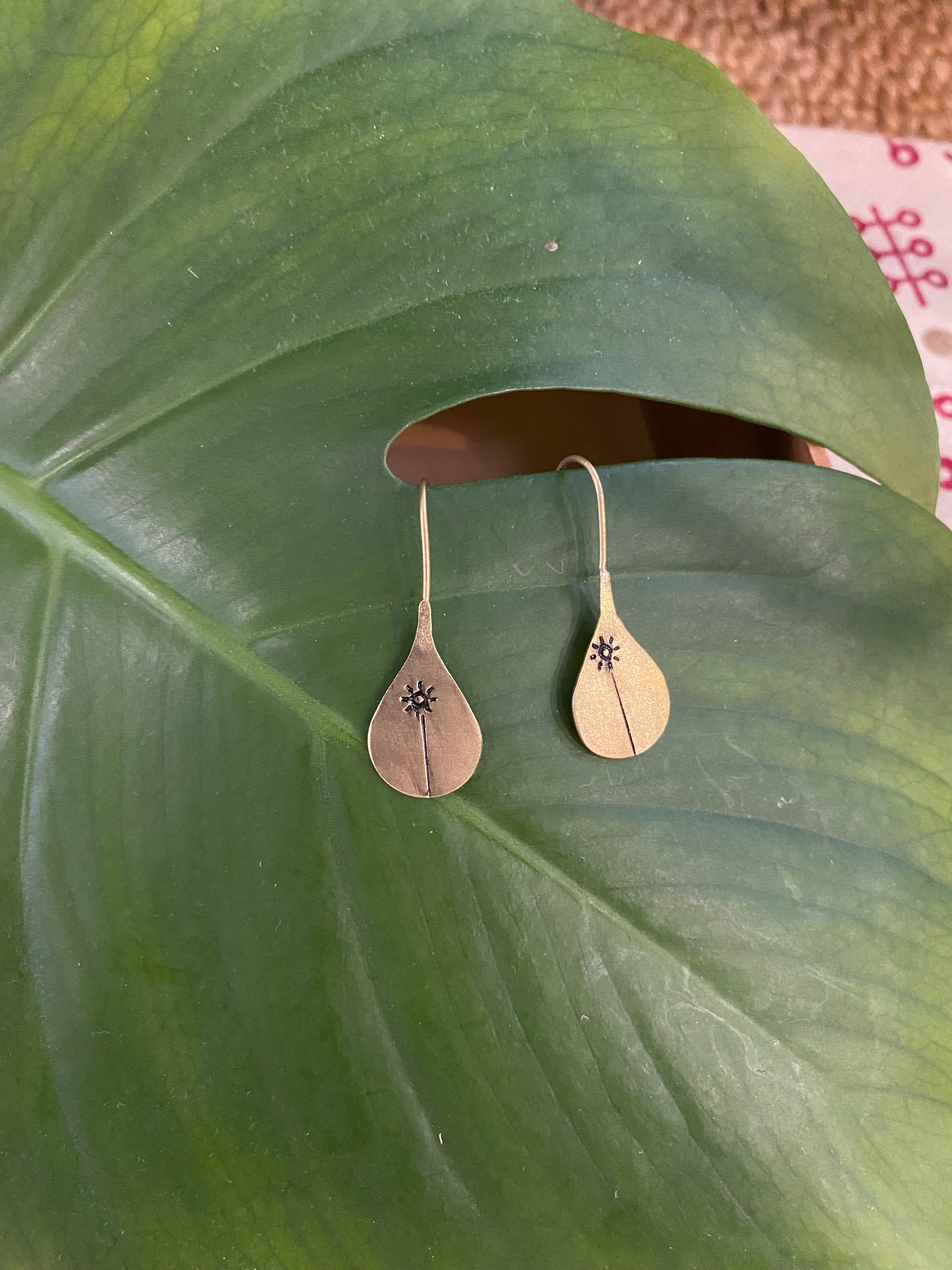 Sun & Water Drop Earrings โ Stamped Brass Design โ Fair Trade (Sasha India)