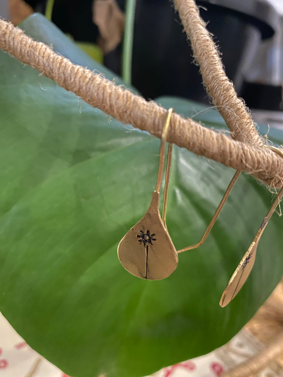 Sun & Water Drop Earrings – Stamped Brass Design – Fair Trade (Sasha India)