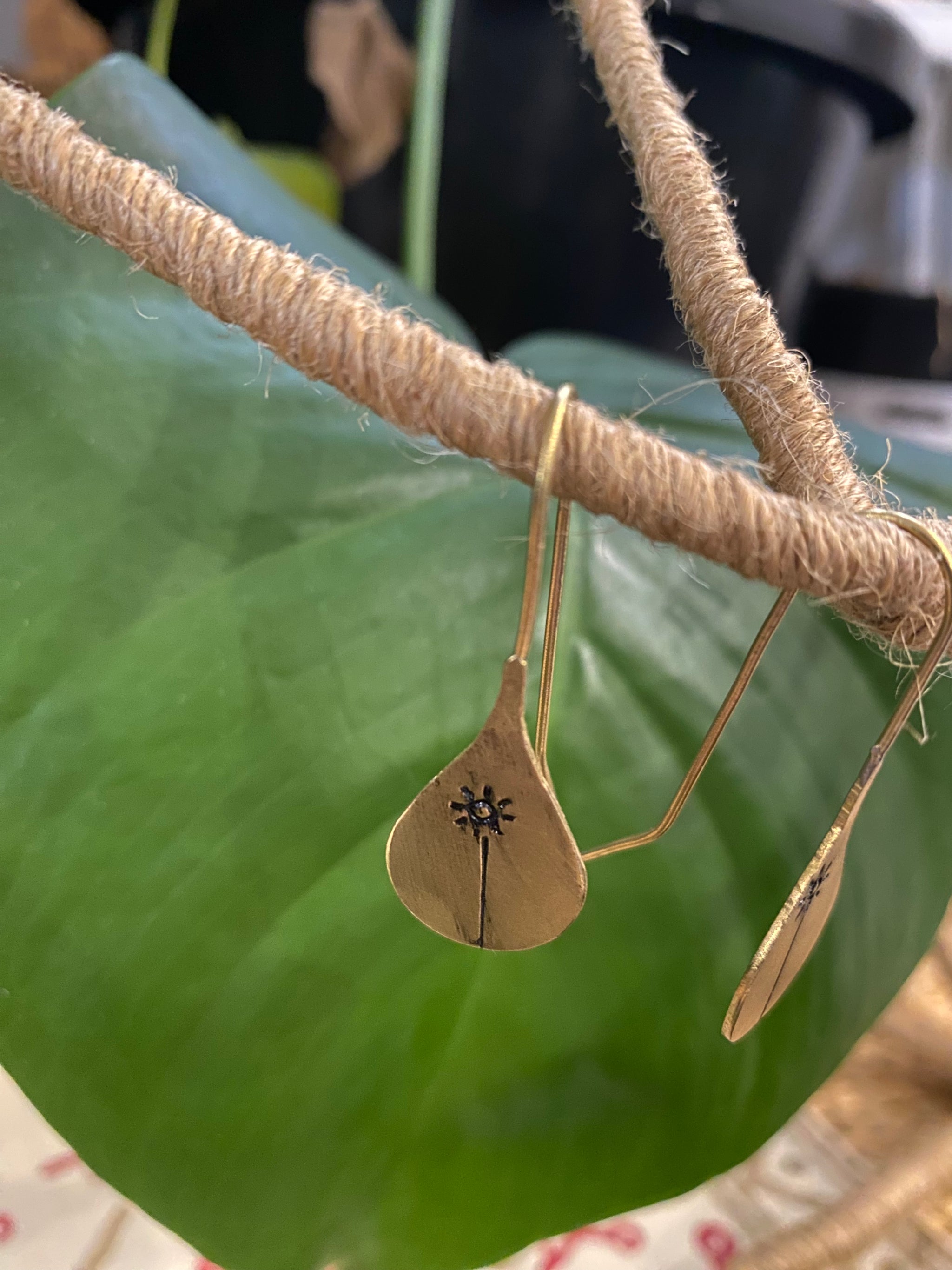 Sun & Water Drop Earrings โ Stamped Brass Design โ Fair Trade (Sasha India)