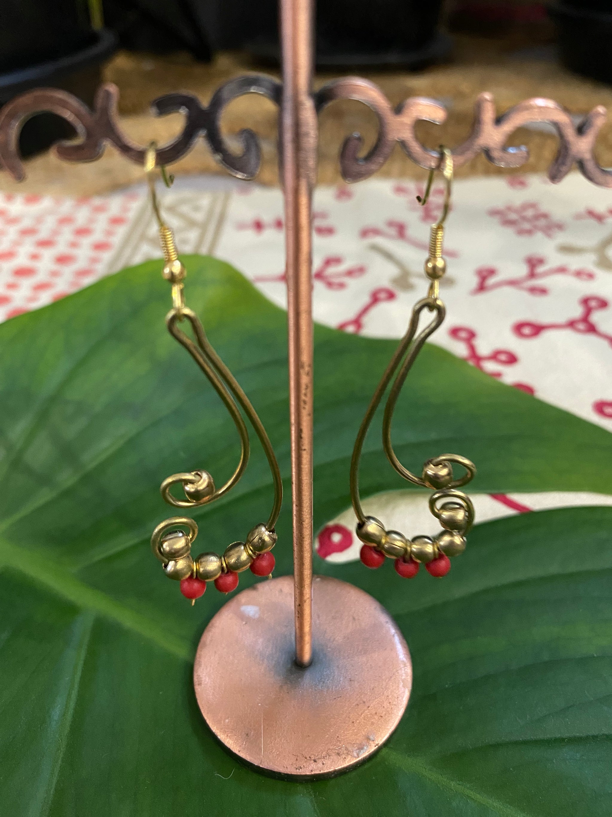 Spice Swirl Earrings – Brass & Red Beads – Fair Trade (Sasha India)
