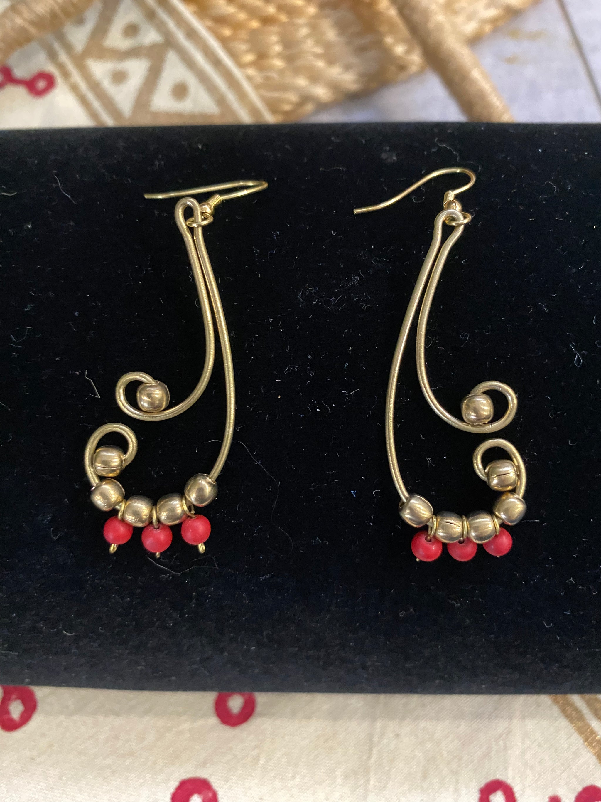 Spice Swirl Earrings – Brass & Red Beads – Fair Trade (Sasha India)