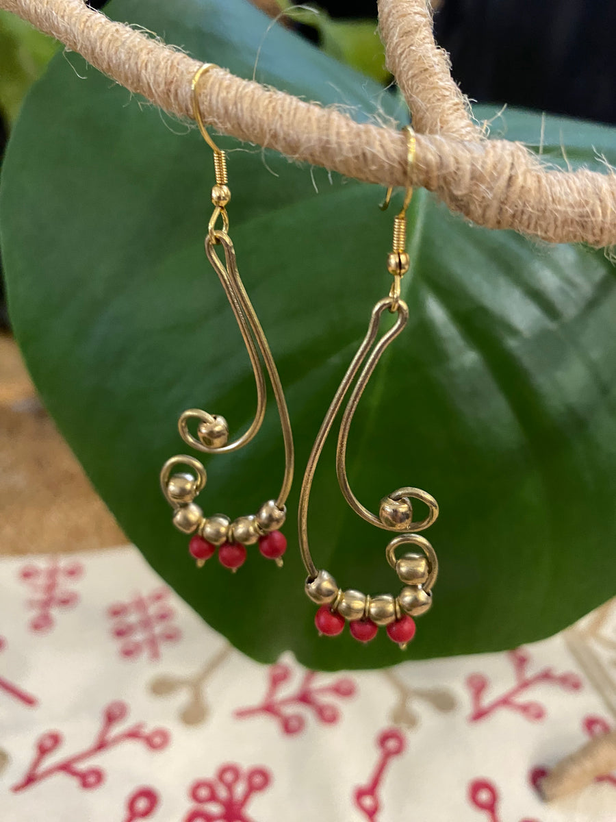 Spice Swirl Earrings – Brass & Red Beads – Fair Trade (Sasha India)