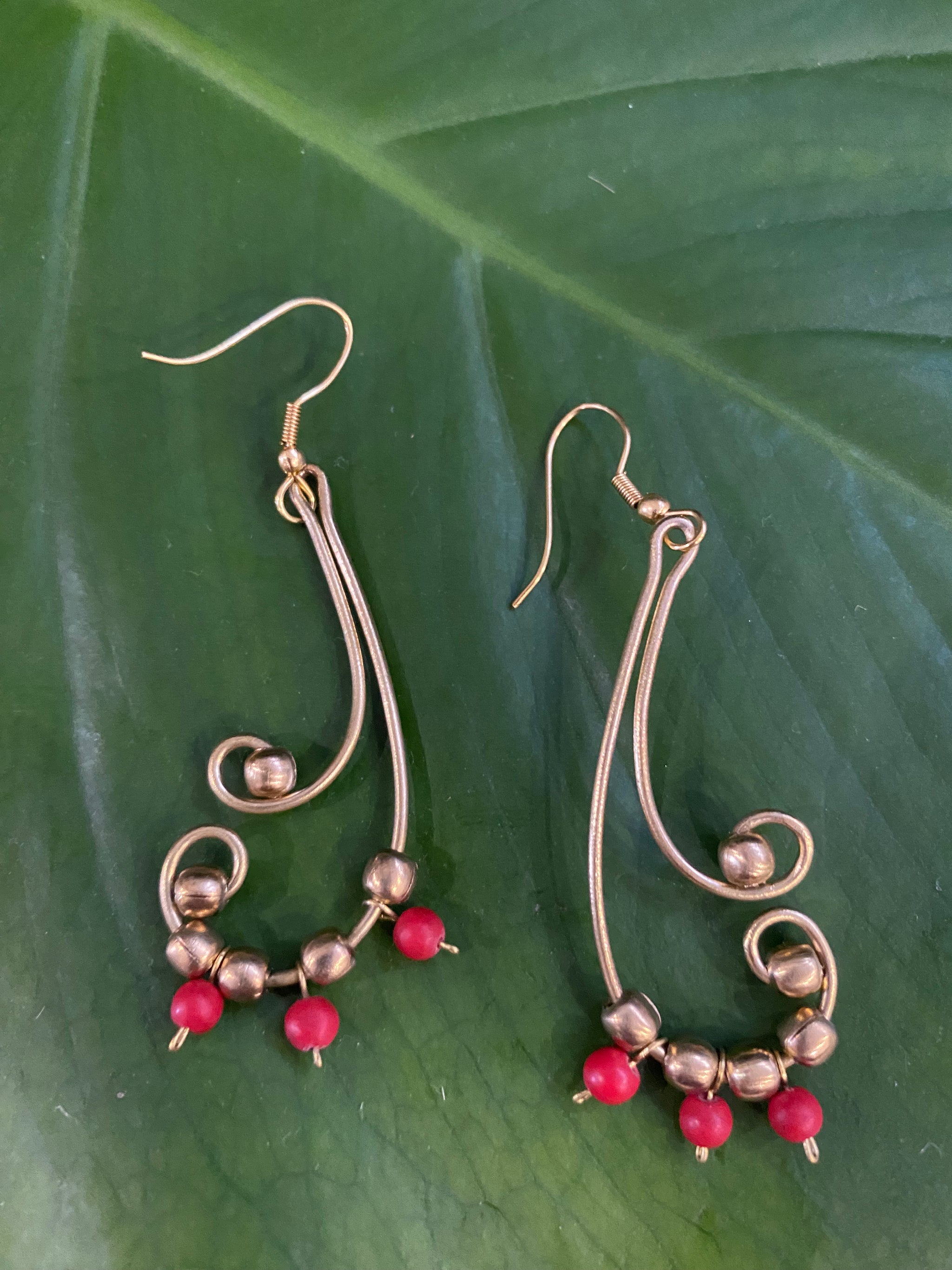 Spice Swirl Earrings – Brass & Red Beads – Fair Trade (Sasha India)