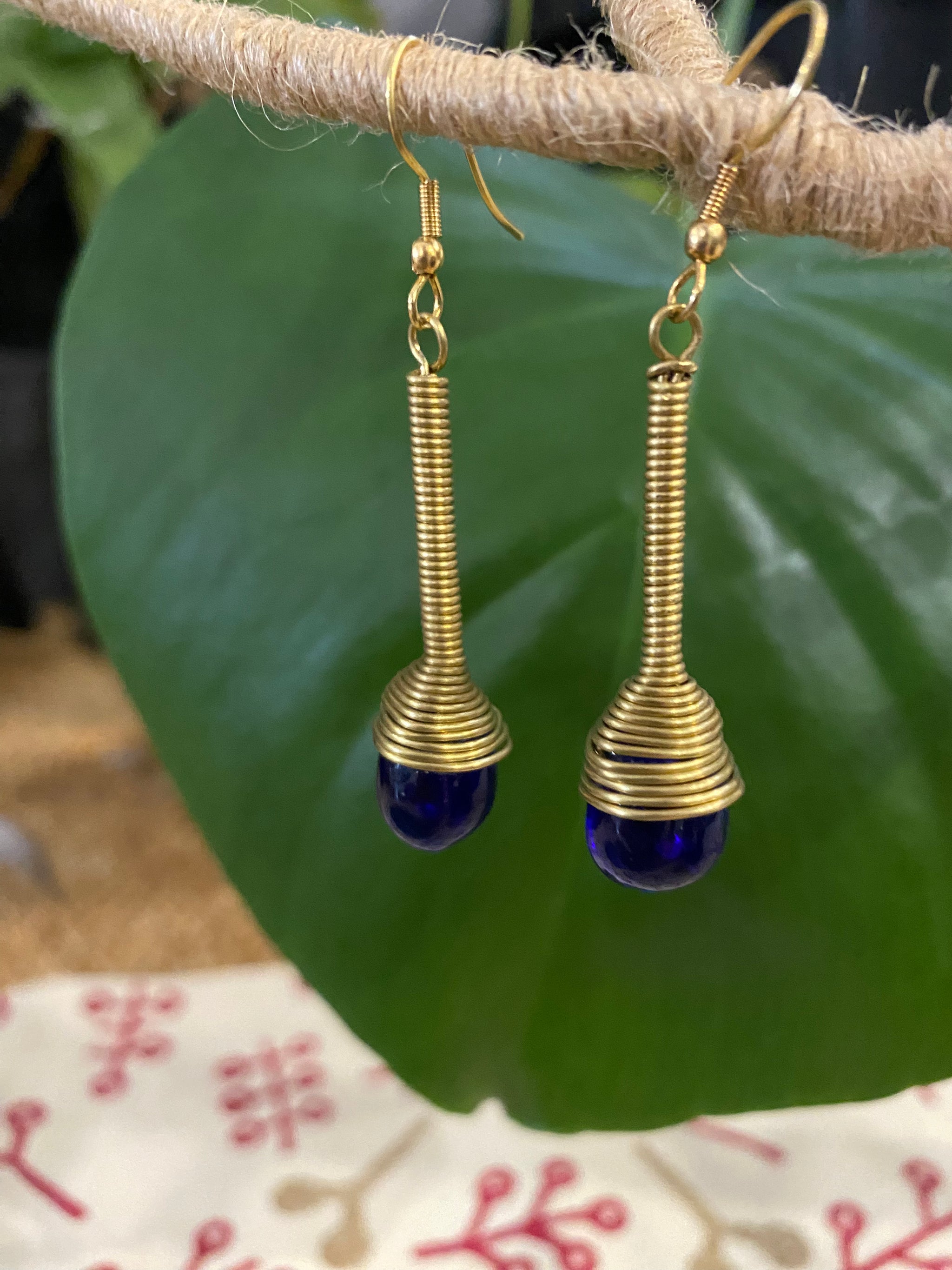 Midnight Coil Earrings – Brass & Shifting Glass Bead – Fair Trade (Sasha India)