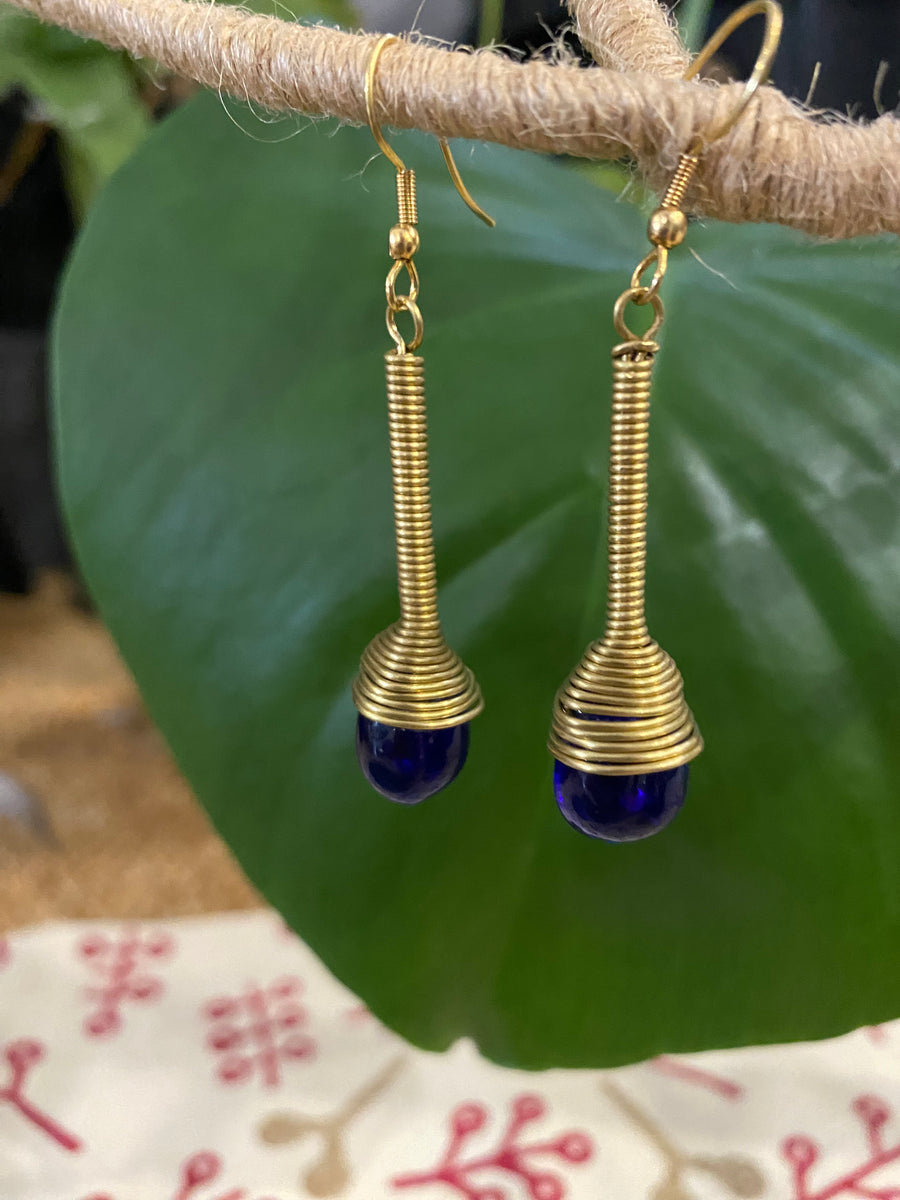 Midnight Coil Earrings – Brass & Shifting Glass Bead – Fair Trade (Sasha India)