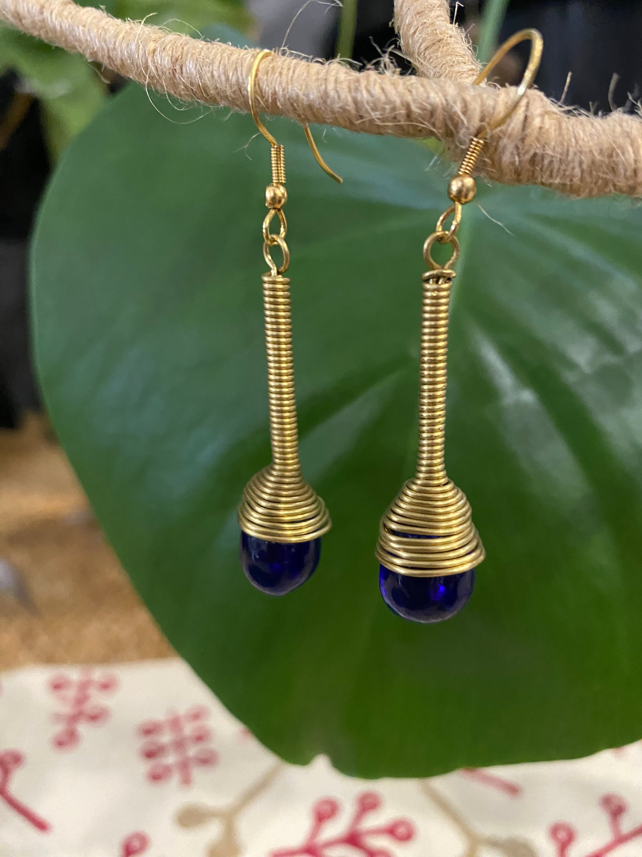 Midnight Coil Earrings – Brass & Shifting Glass Bead – Fair Trade (Sasha India)