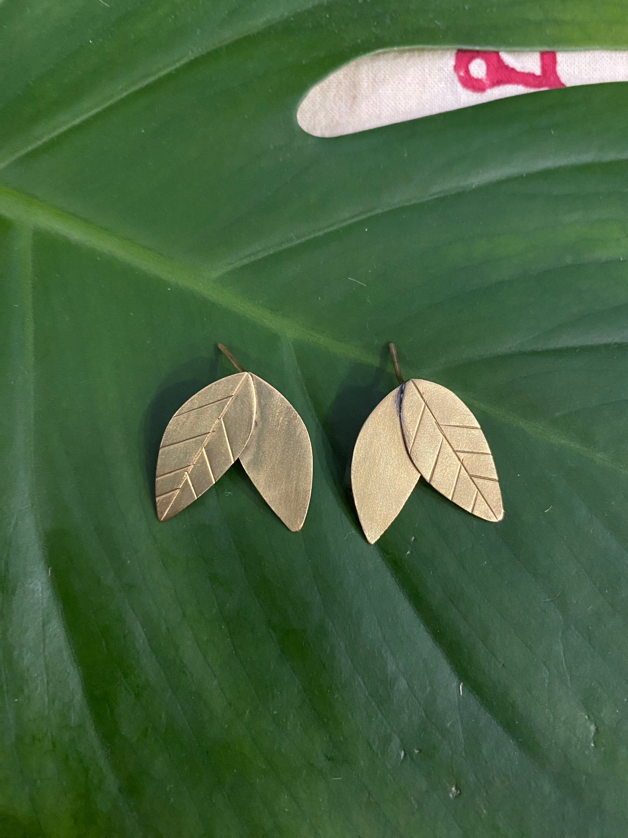 Twin Leaf Stud Earrings – Textured & Smooth Brass – Fair Trade (Sasha India)