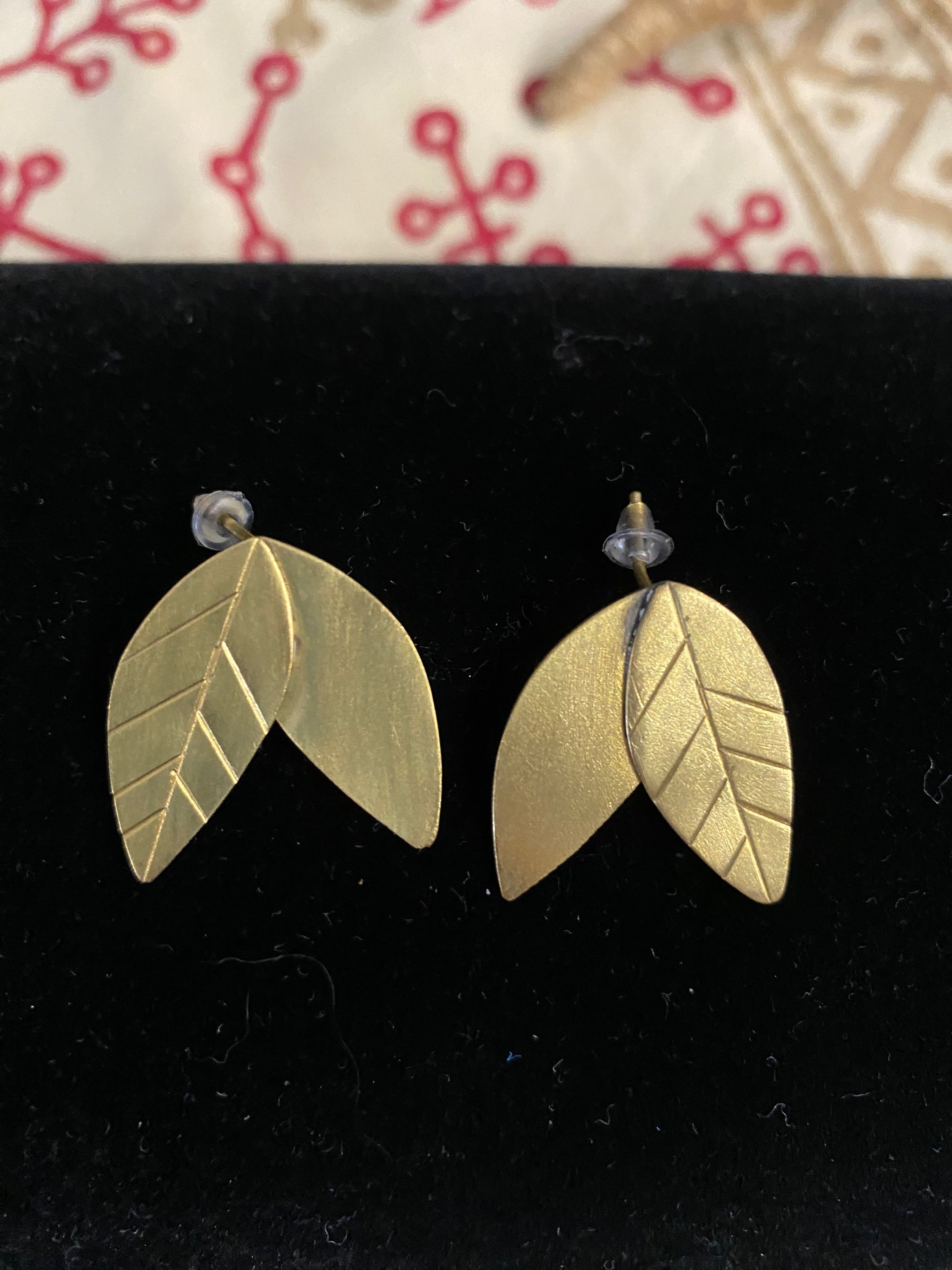 Twin Leaf Stud Earrings – Textured & Smooth Brass – Fair Trade (Sasha India)