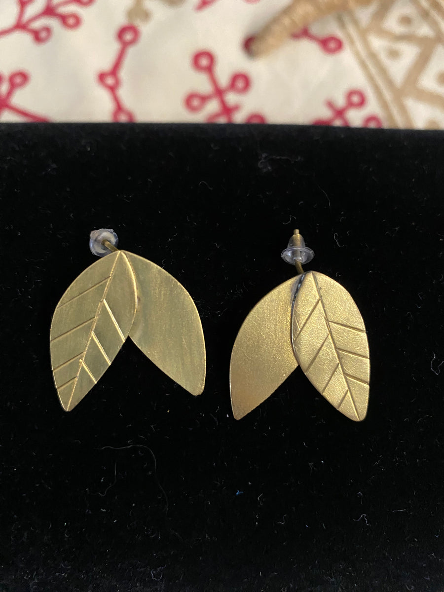 Twin Leaf Stud Earrings – Textured & Smooth Brass – Fair Trade (Sasha India)