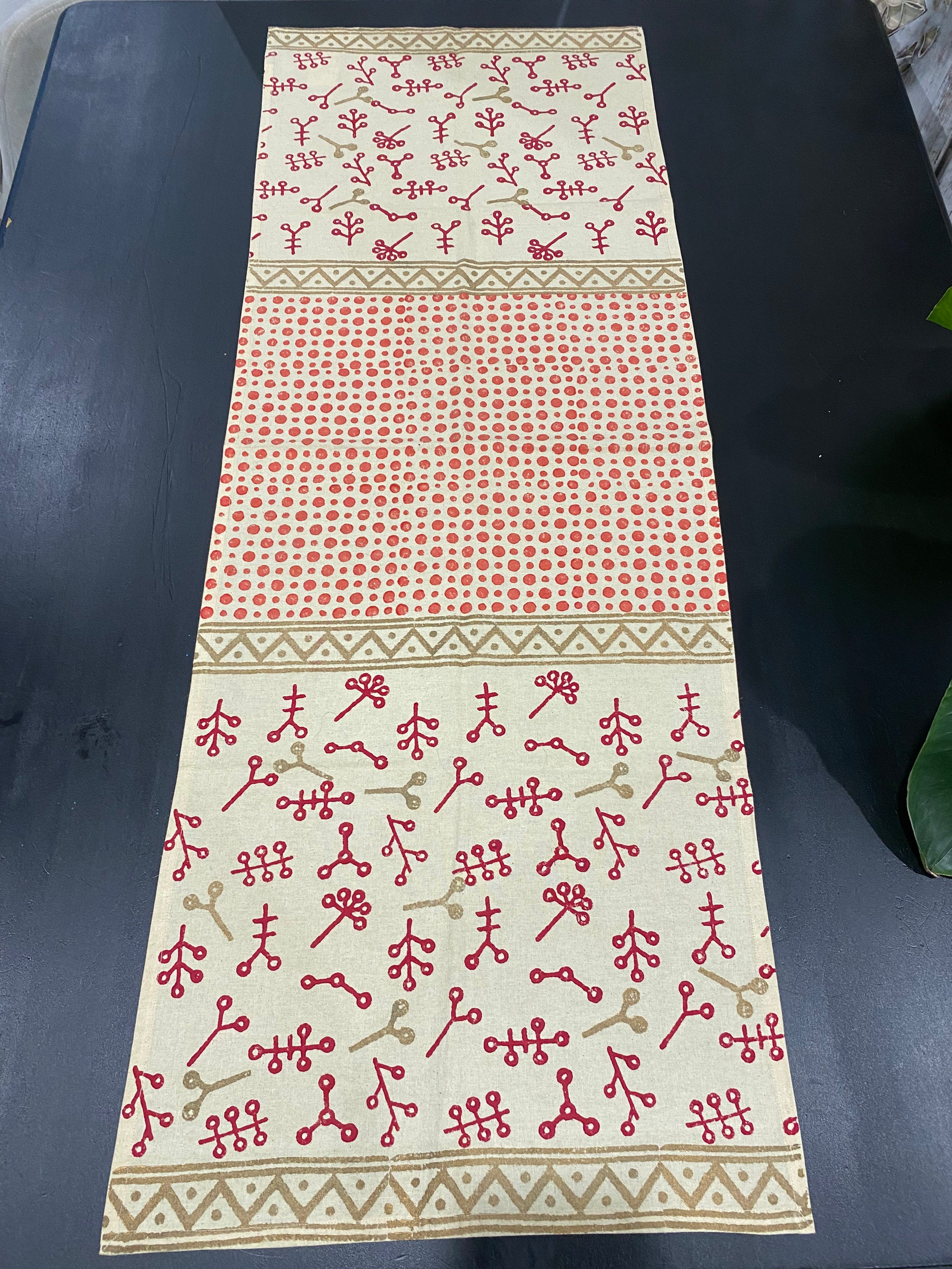 Red & Gold Symbol Block Printed Table Runner – 112cm Cotton – Fair Trade (Sasha India)