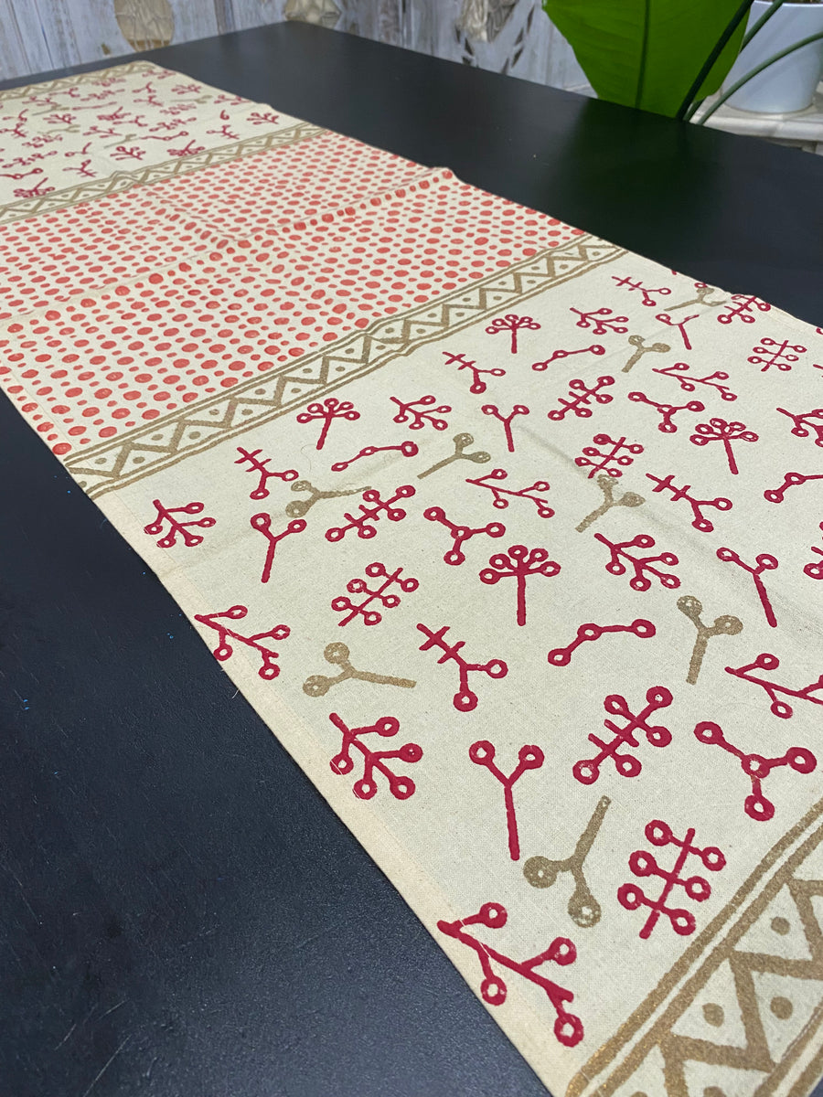 Red & Gold Symbol Block Printed Table Runner – 112cm Cotton – Fair Trade (Sasha India)