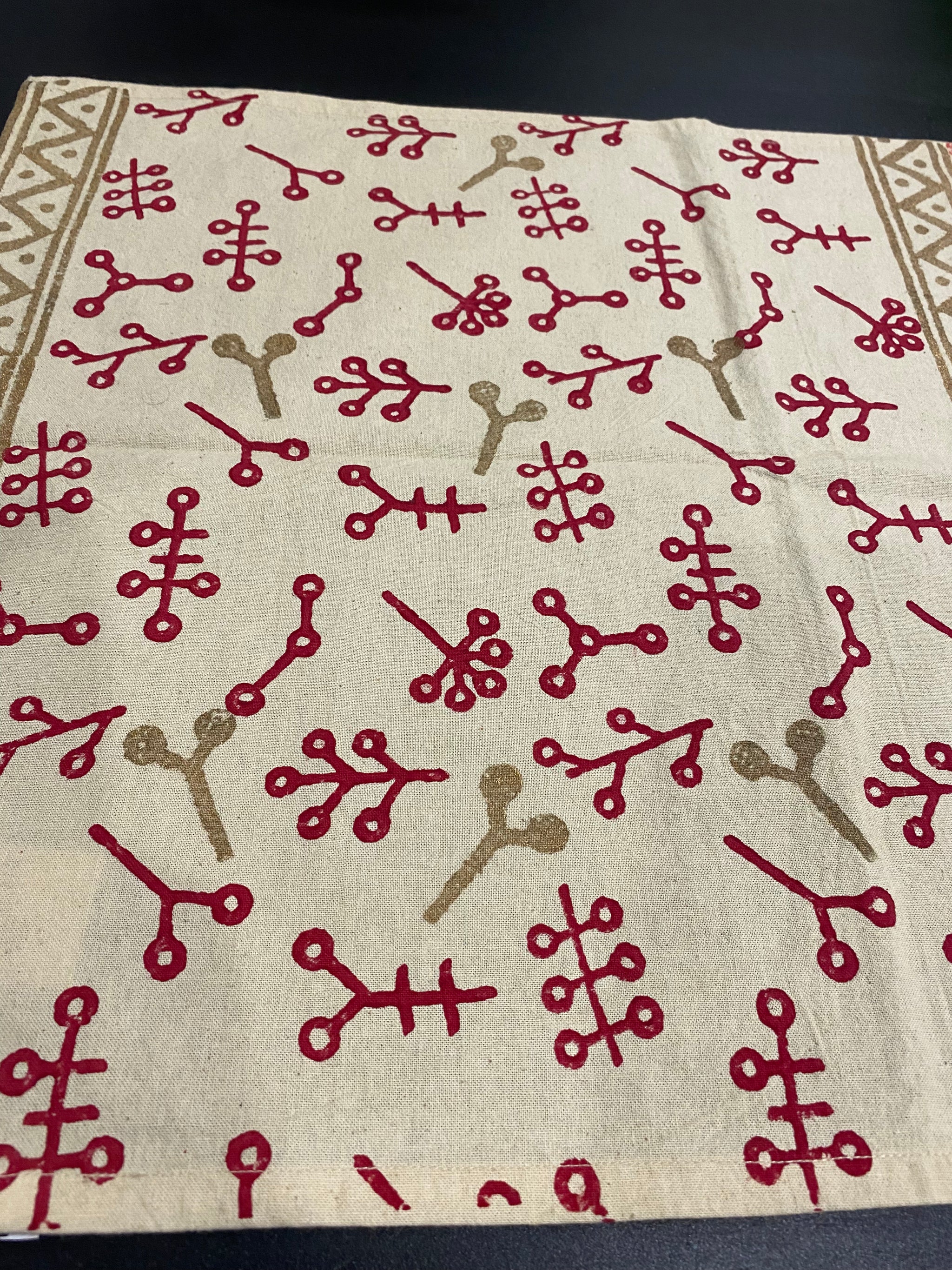 Red & Gold Symbol Block Printed Table Runner – 112cm Cotton – Fair Trade (Sasha India)