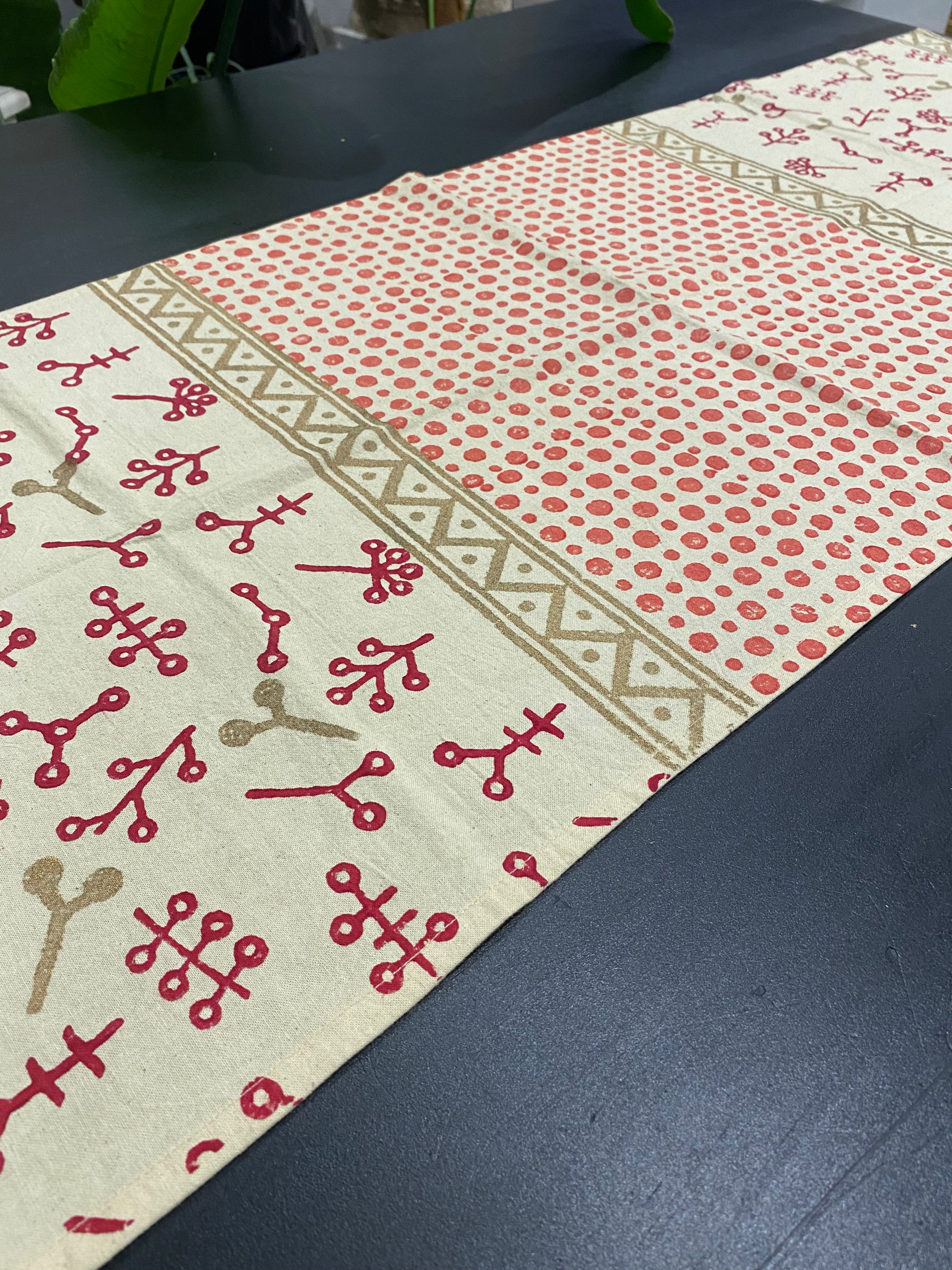 Red & Gold Symbol Block Printed Table Runner – 112cm Cotton – Fair Trade (Sasha India)