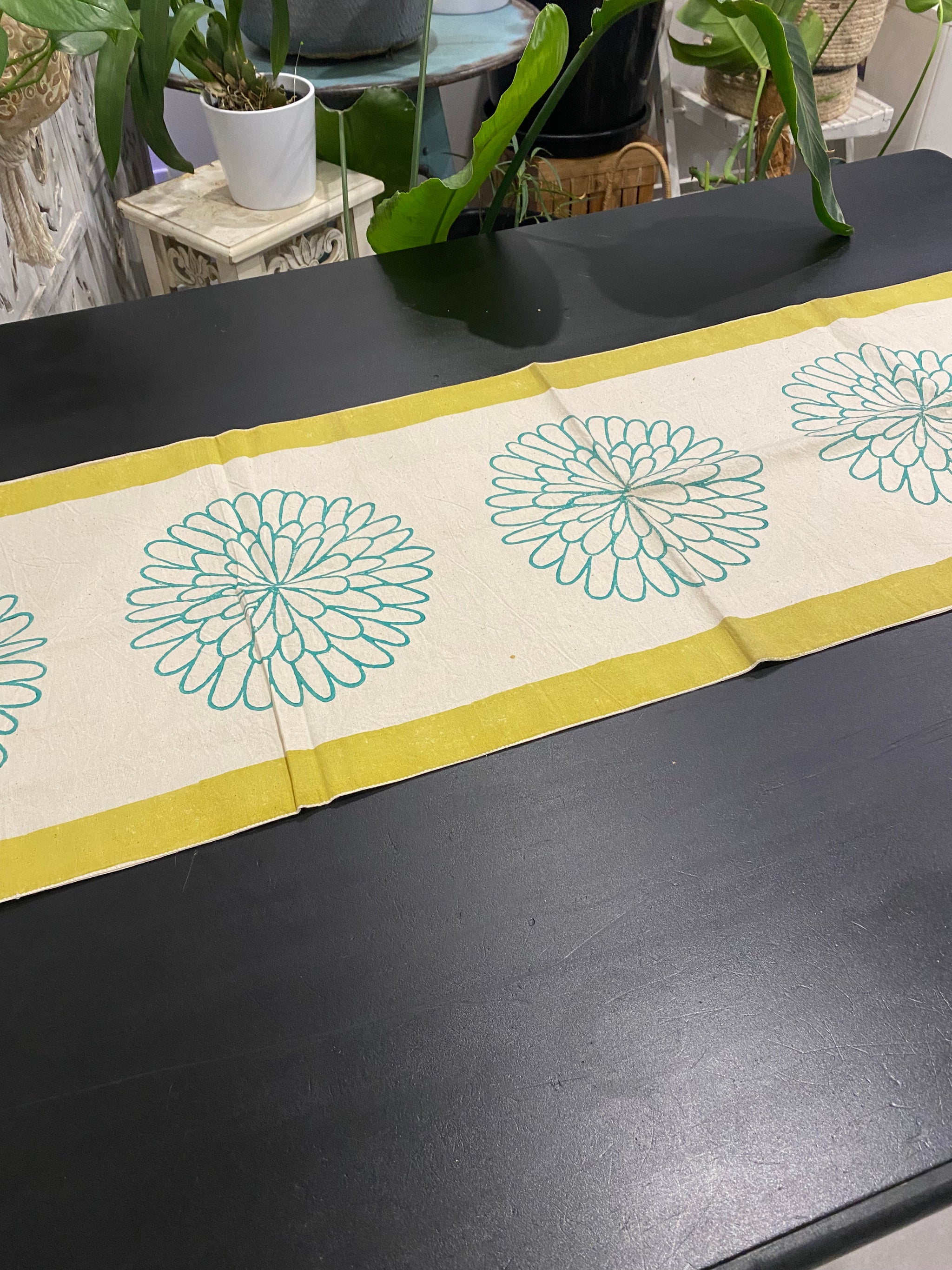 Green Bloom Block Printed Table Runner – 108cm Cotton – Fair Trade (Sasha India)