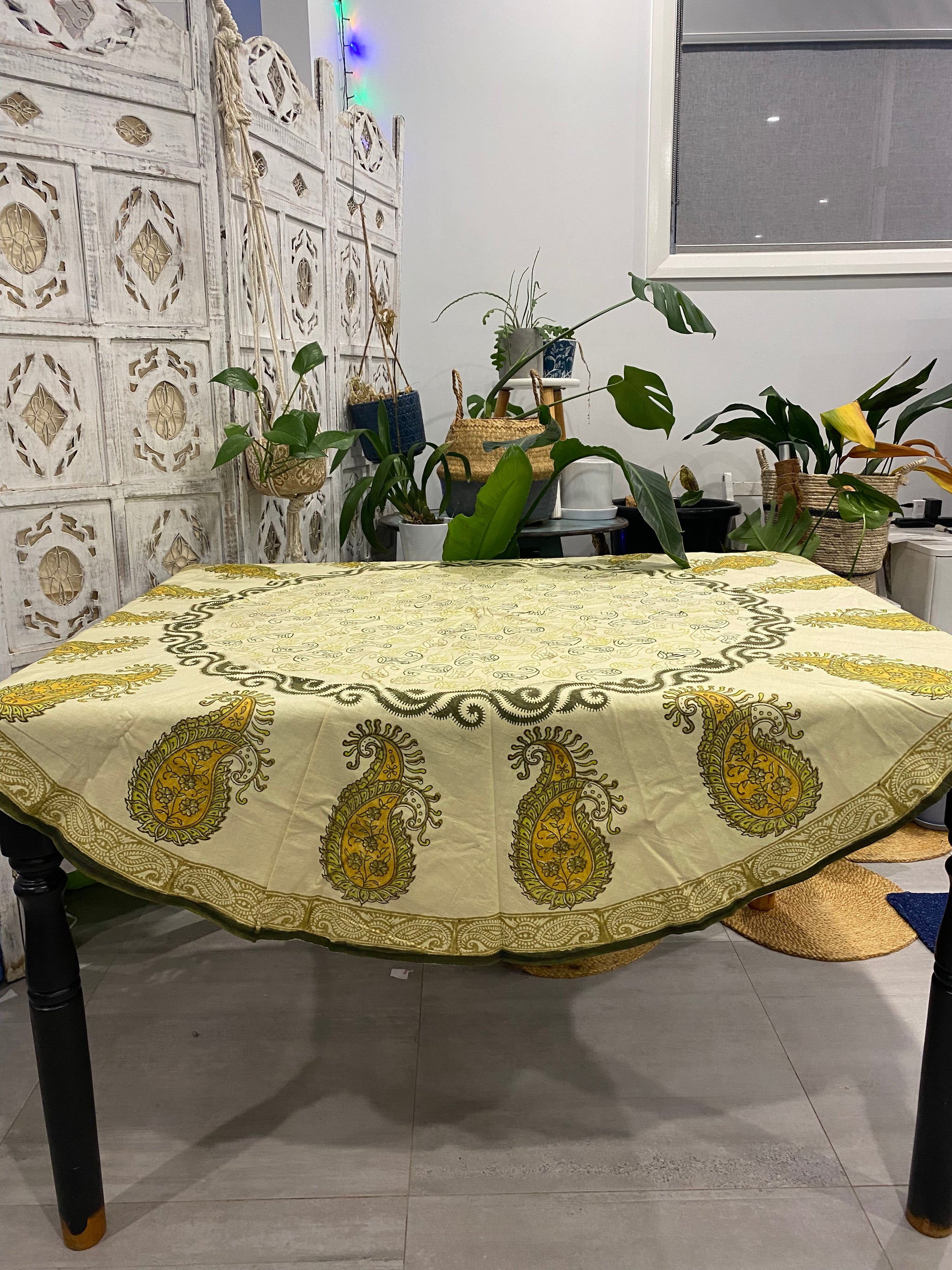 Retro Swirl Round Tablecloth β 160cm Handwoven Cotton β Fair Trade (Sasha India)