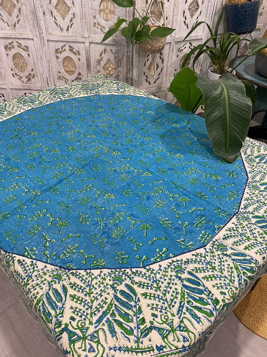 Tribal Blue & Green Round Tablecloth – 160cm Handwoven Cotton – Fair Trade (Sasha India