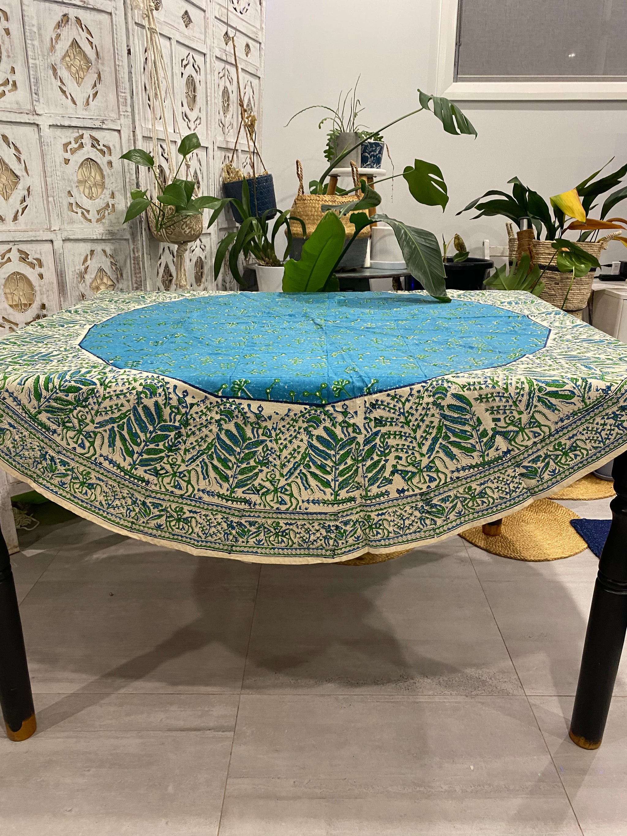 Tribal Blue & Green Round Tablecloth β 160cm Handwoven Cotton β Fair Trade (Sasha India