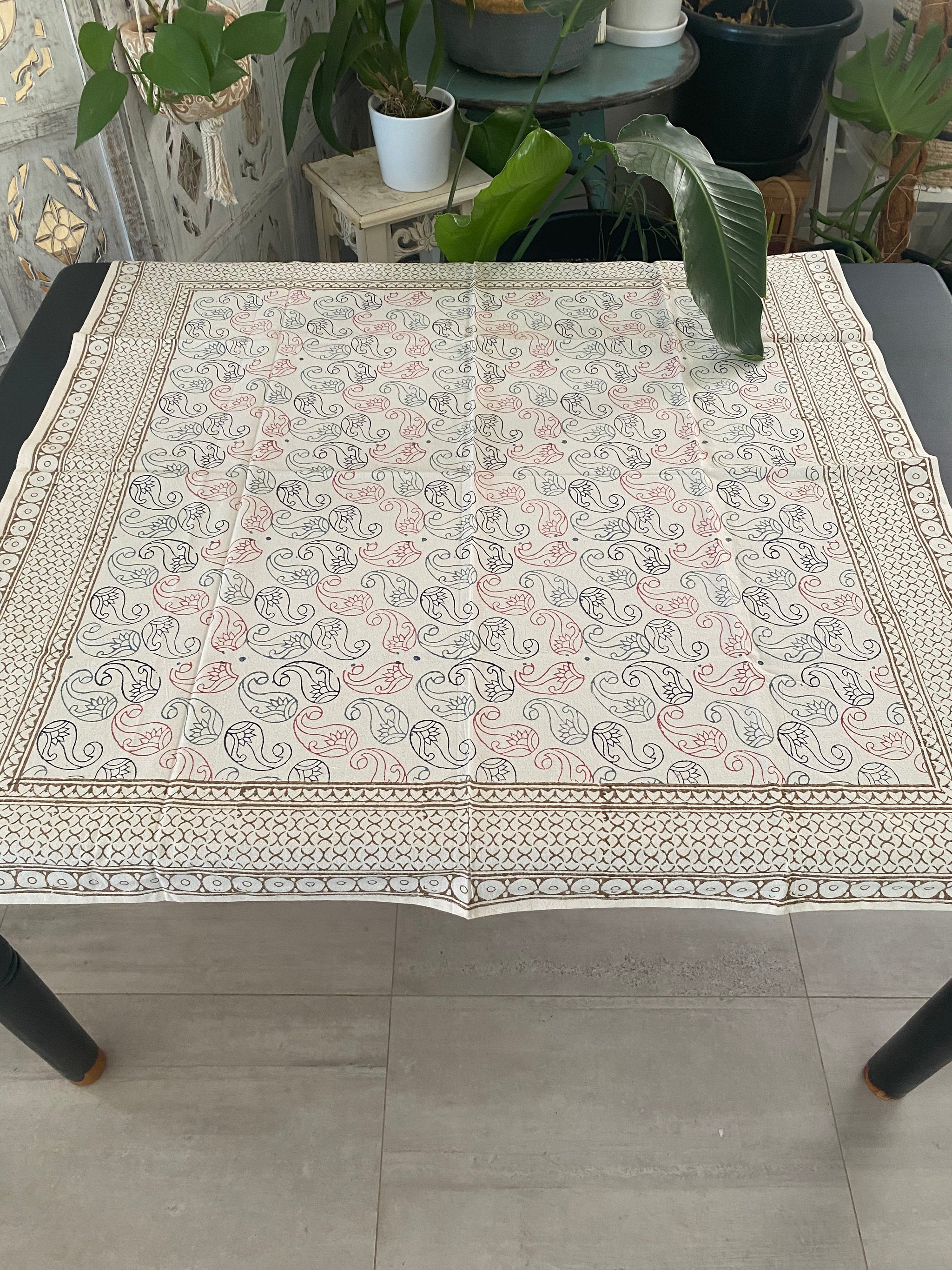 Paisley Spice Square Tablecloth – 100cm Handwoven Cotton – Fair Trade (Sasha India)