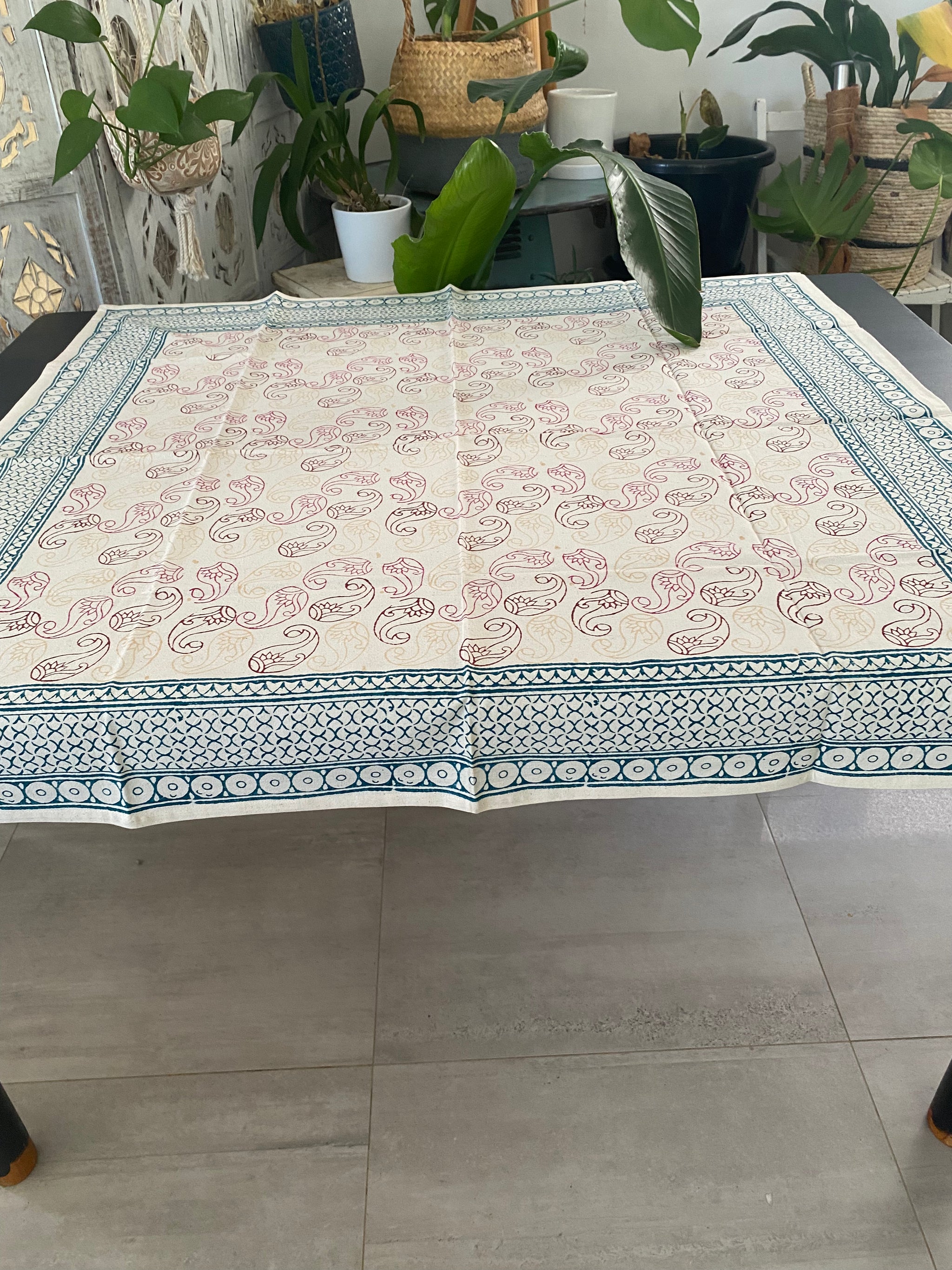 Meadow Bloom Paisley Tablecloth – 100cm square Handwoven Cotton – Fair Trade (Sasha India)