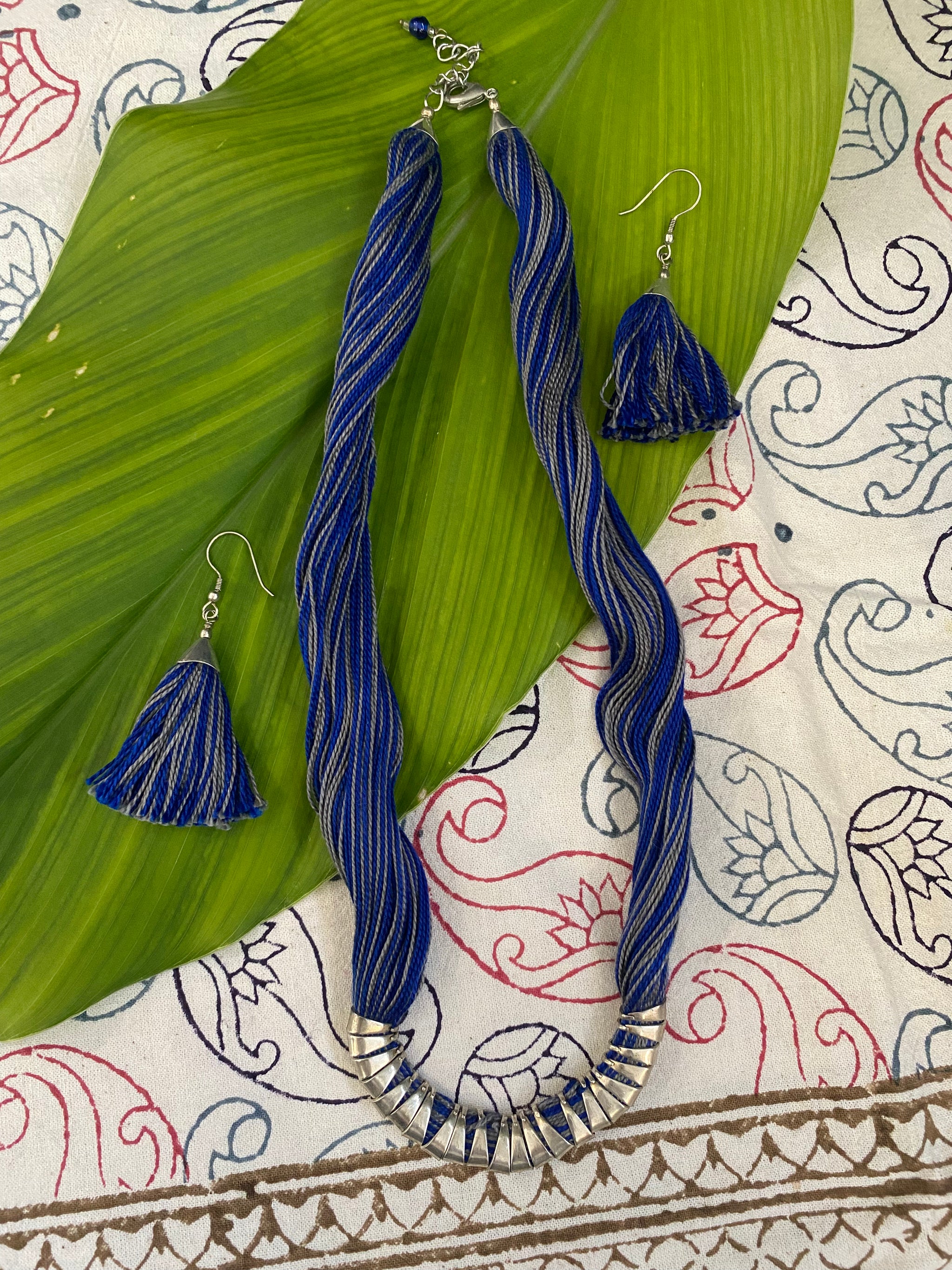 Multi-Thread Tassel Necklace & Earrings Set – Blue Variants – Fair Trade (Silence, Kolkata)