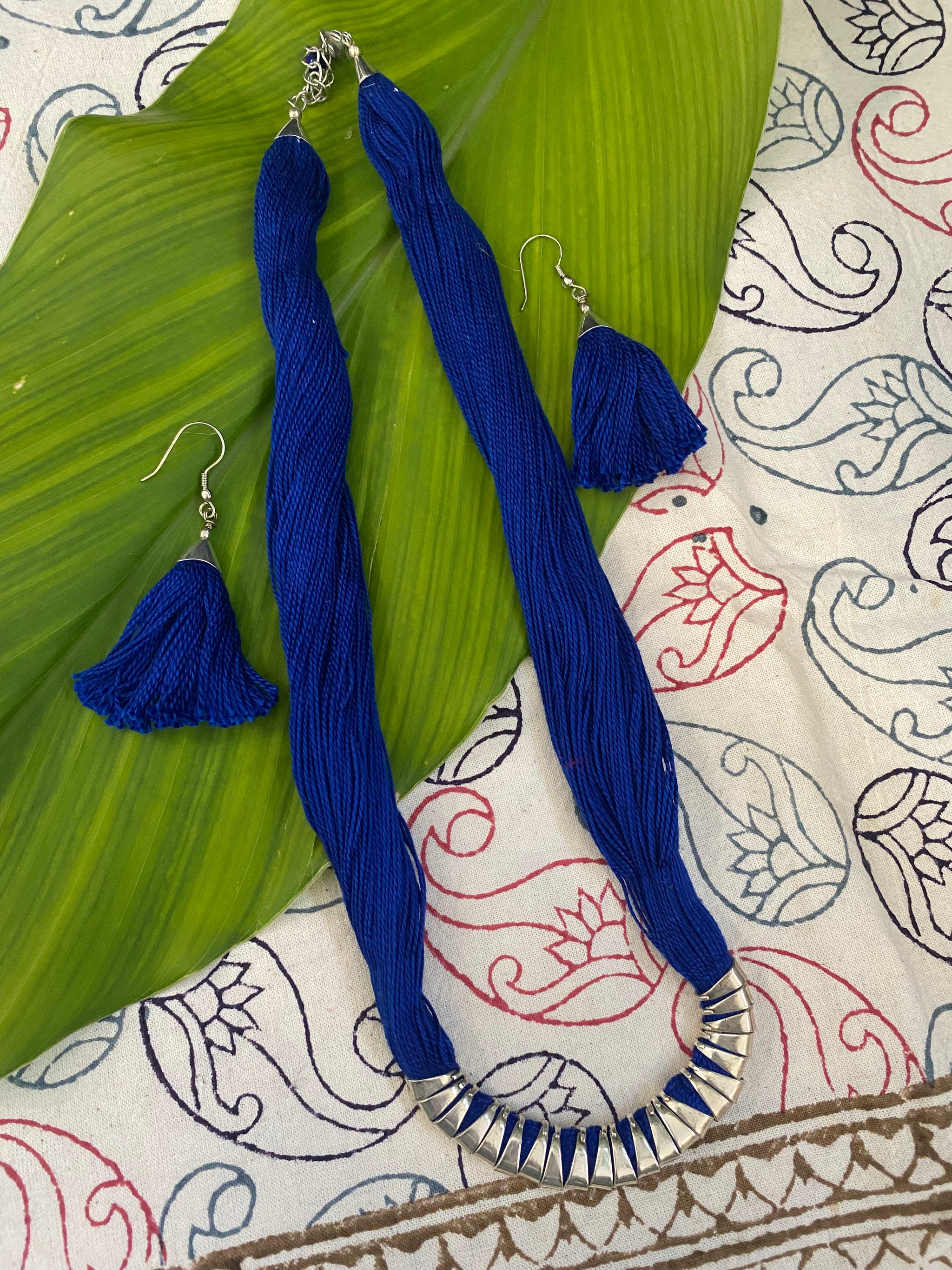 Multi-Thread Tassel Necklace & Earrings Set – Blue Variants – Fair Trade (Silence, Kolkata)