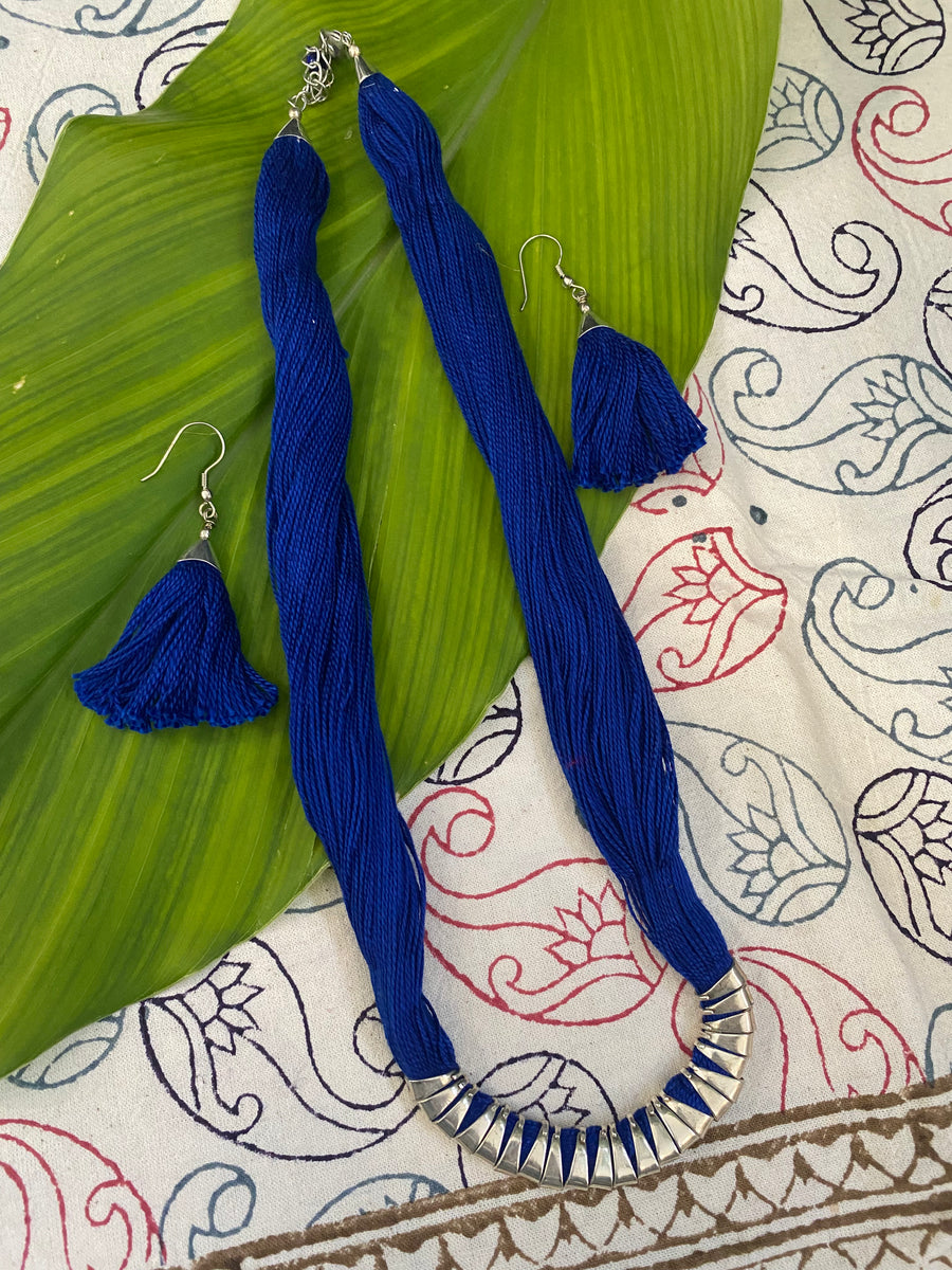 Multi-Thread Tassel Necklace & Earrings Set – Blue Variants – Fair Trade (Silence, Kolkata)