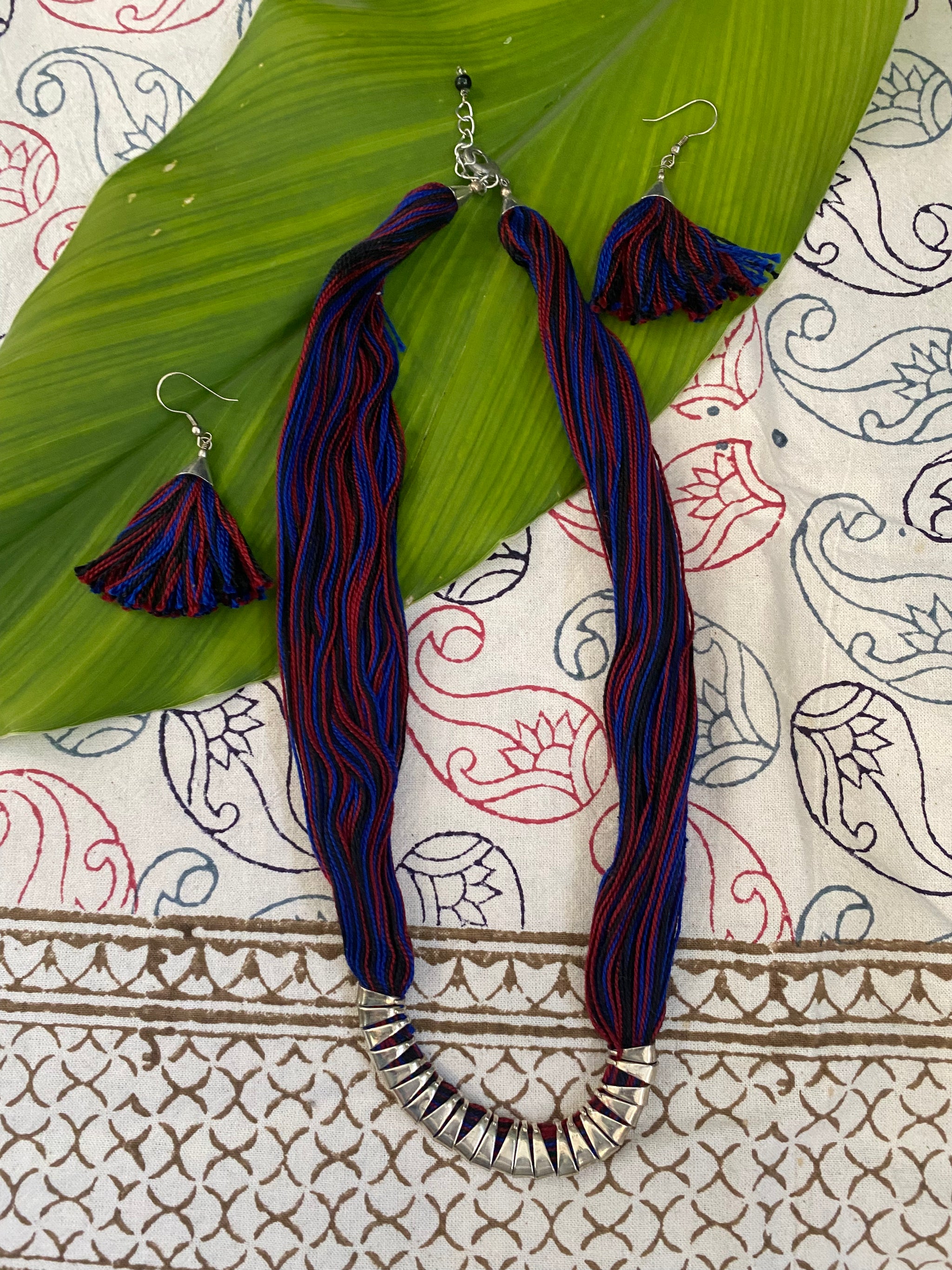 Multi-Thread Tassel Necklace & Earrings Set – Blue Variants – Fair Trade (Silence, Kolkata)