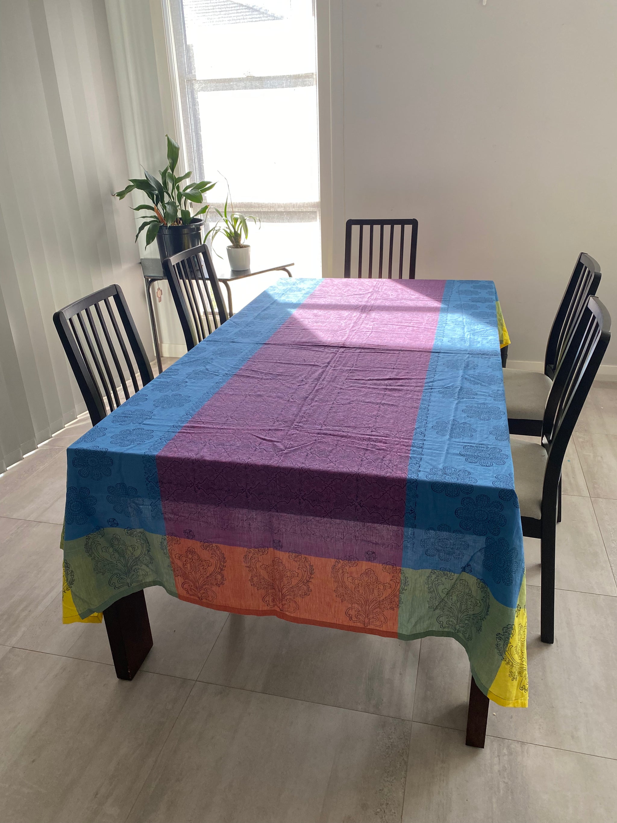 Rainbow Floral Block Printed Tablecloth – 100% Cotton, 6–8 Seater – Fair Trade (Sasha India)