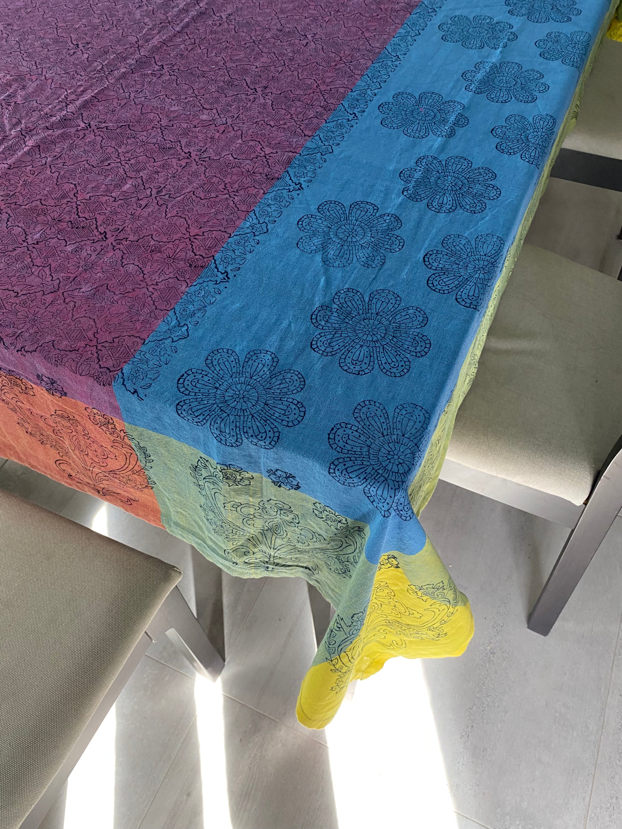 Rainbow Floral Block Printed Tablecloth – 100% Cotton, 6–8 Seater – Fair Trade (Sasha India)
