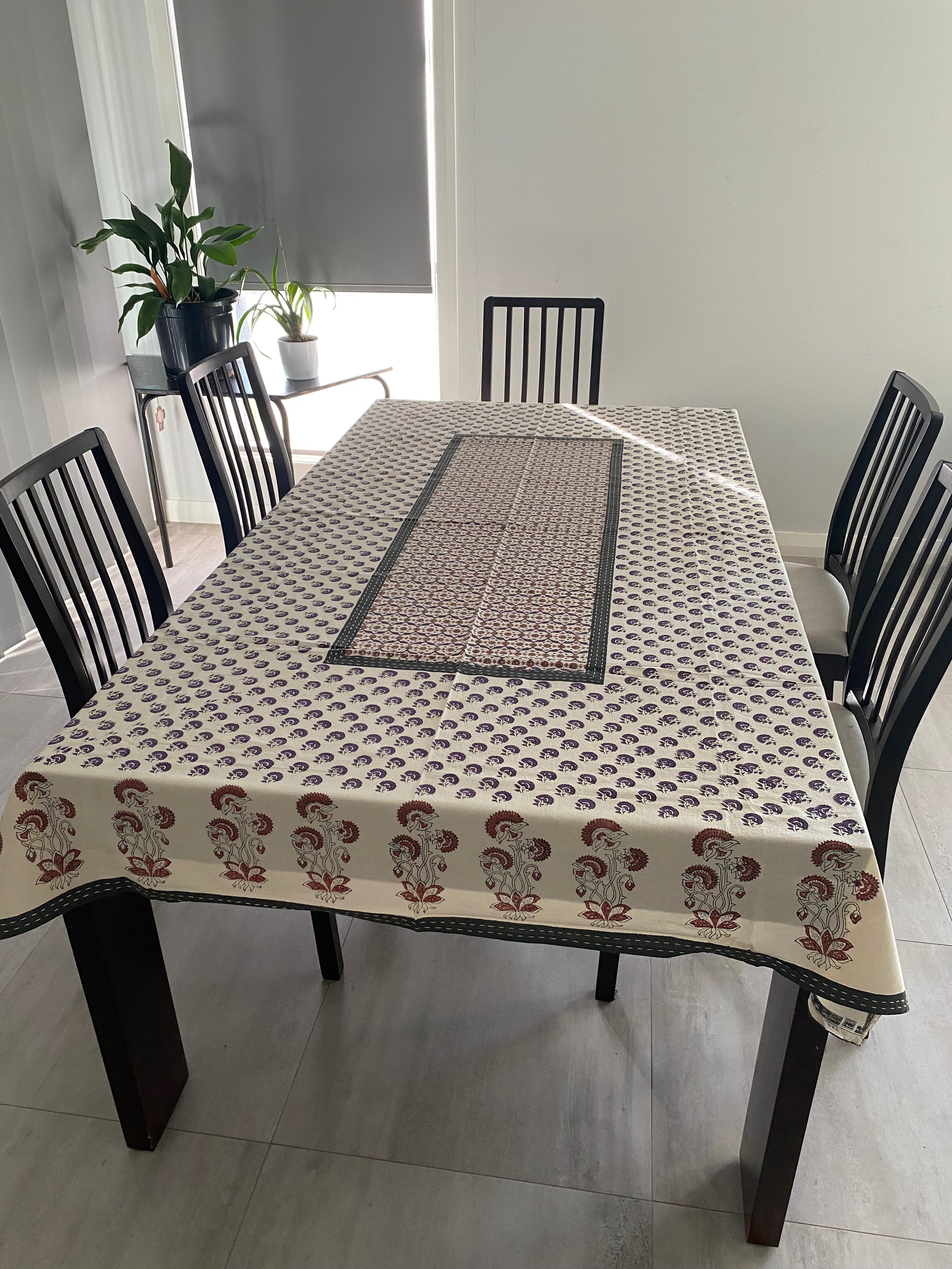 Purple and Brown Floral Block Printed Tablecloth with Hand-Stitched Borders – 100% Cotton, 6–8 Seater – Fair Trade (Sasha India)