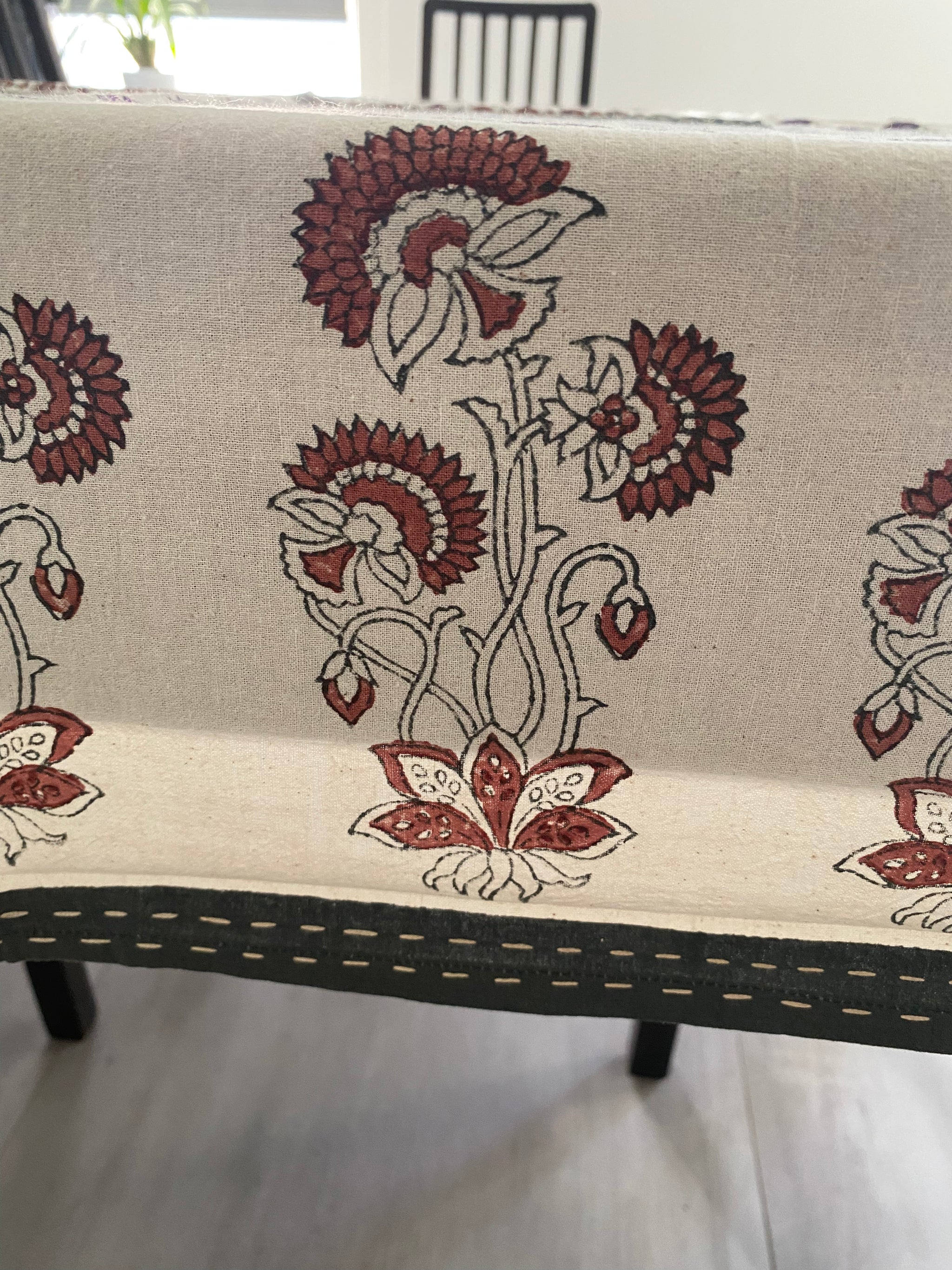 Purple and Brown Floral Block Printed Tablecloth with Hand-Stitched Borders – 100% Cotton, 6–8 Seater – Fair Trade (Sasha India)