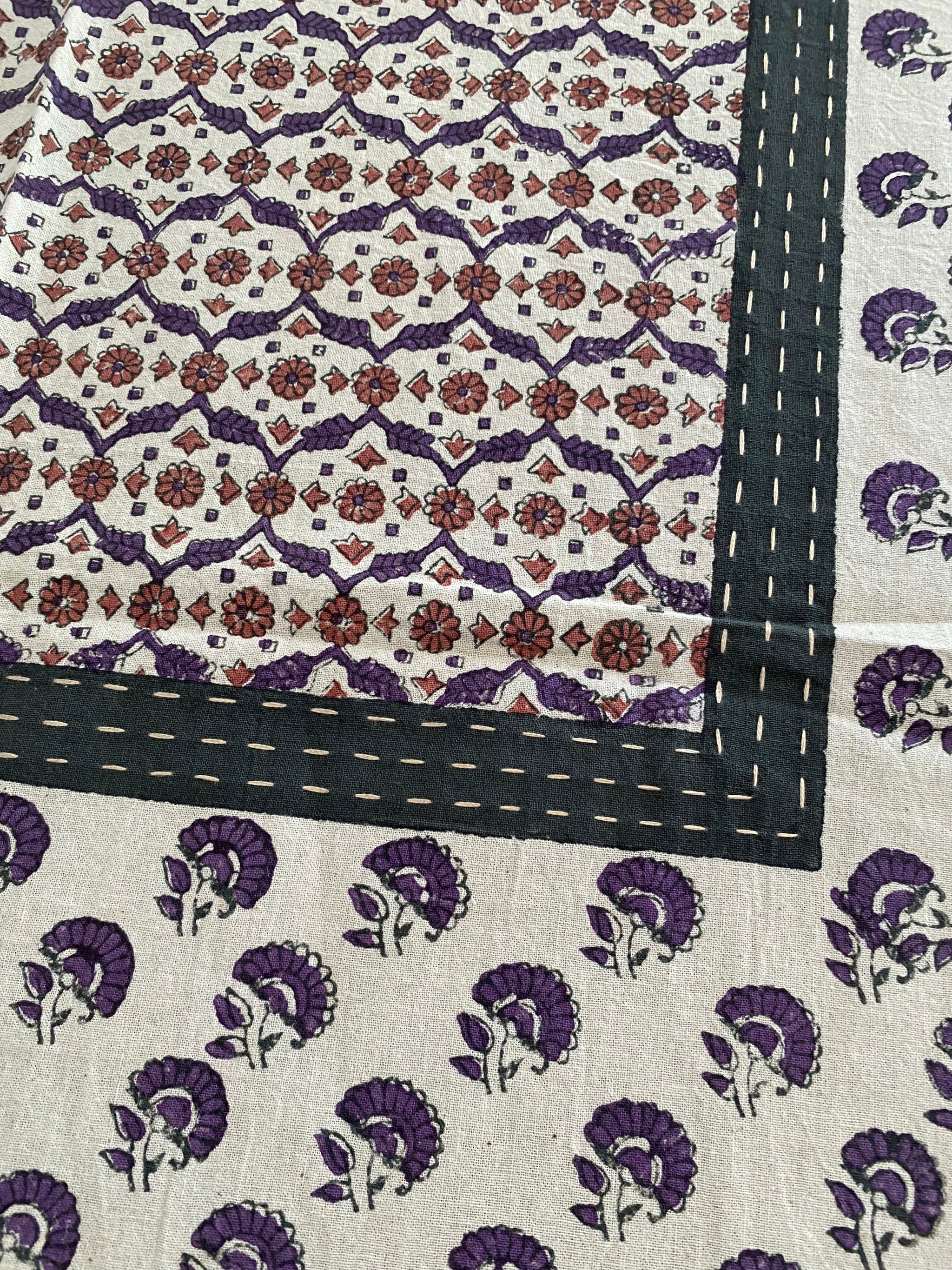 Purple and Brown Floral Block Printed Tablecloth with Hand-Stitched Borders – 100% Cotton, 6–8 Seater – Fair Trade (Sasha India)