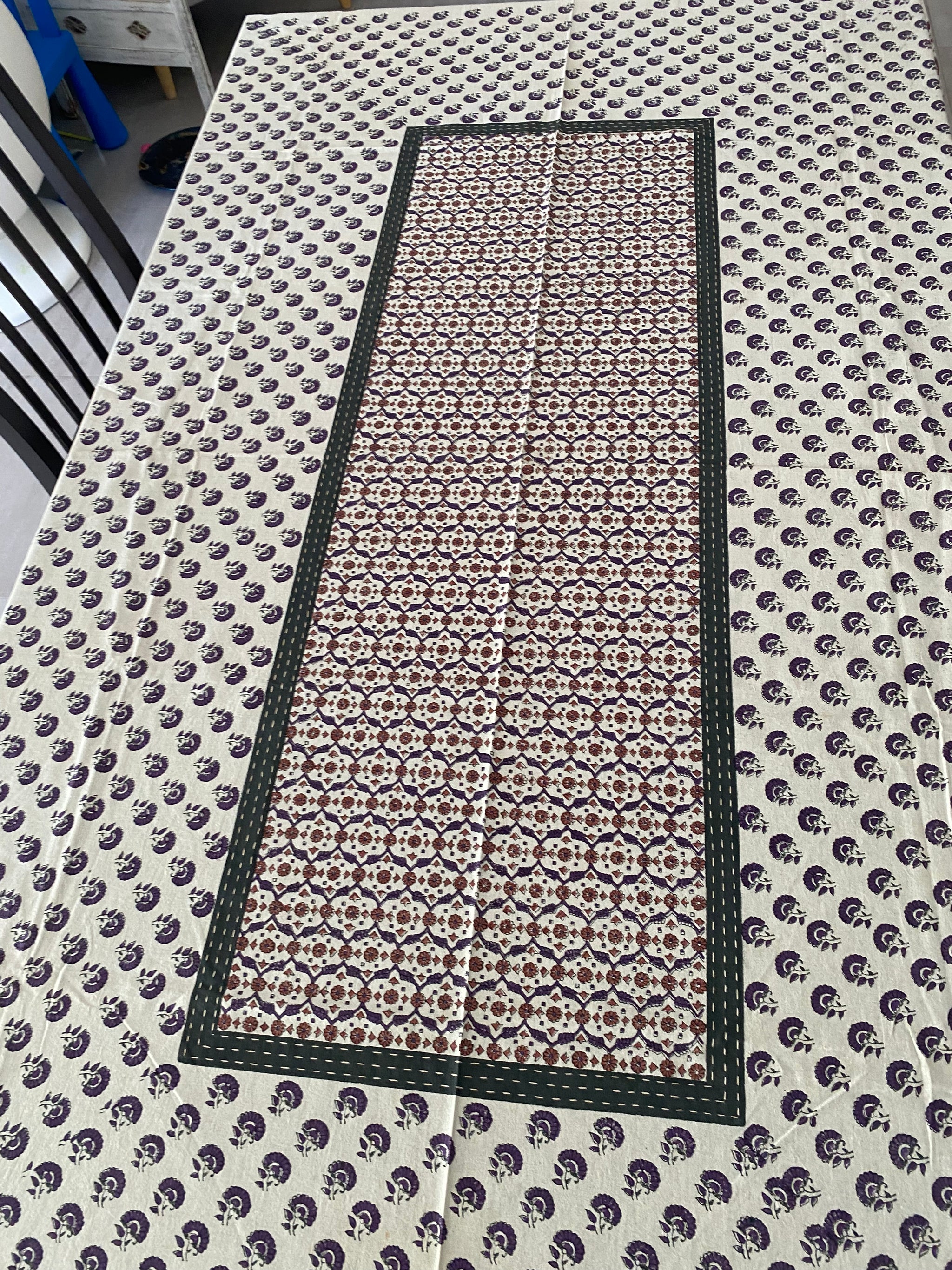 Purple and Brown Floral Block Printed Tablecloth with Hand-Stitched Borders – 100% Cotton, 6–8 Seater – Fair Trade (Sasha India)