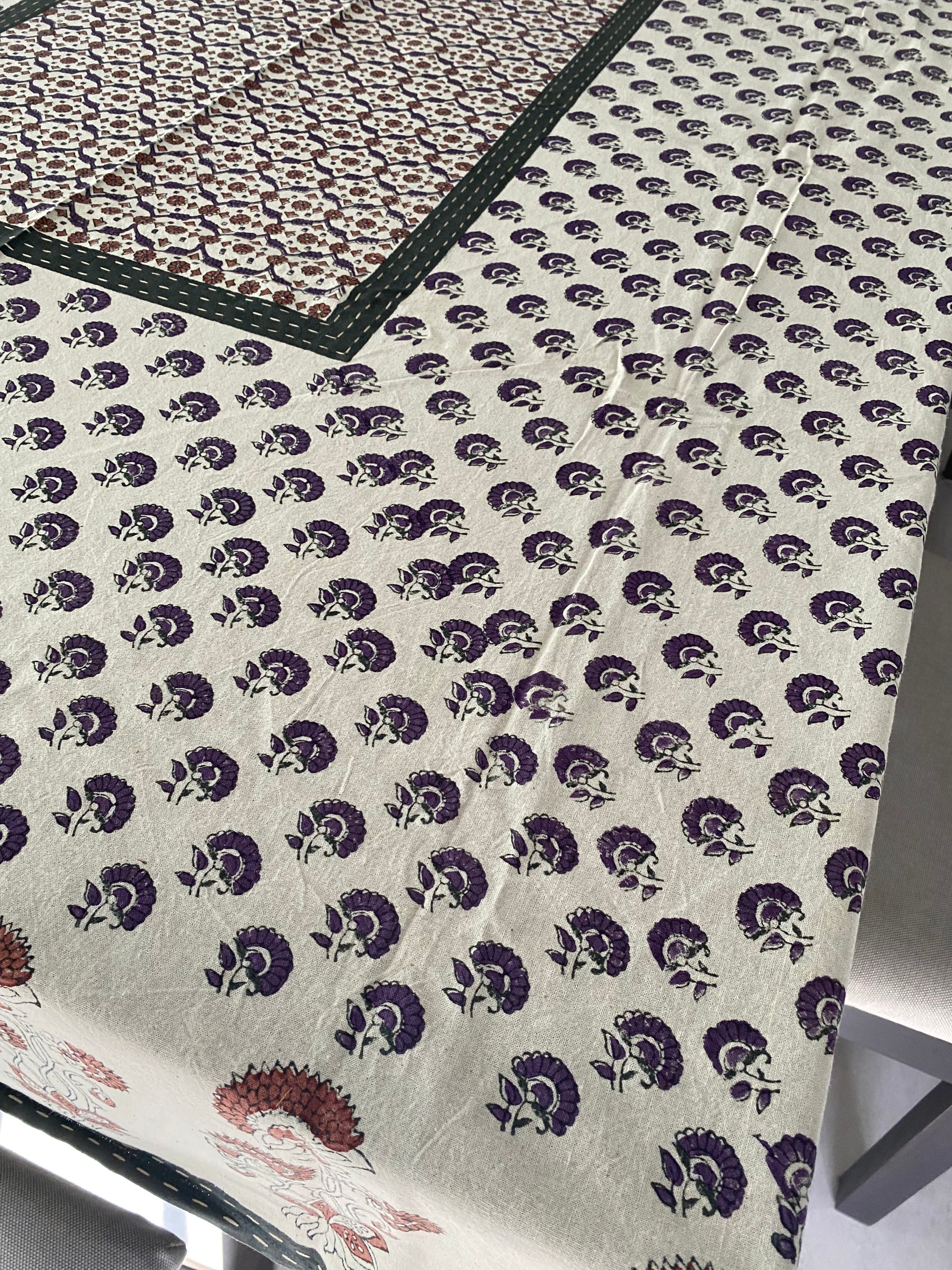 Purple and Brown Floral Block Printed Tablecloth with Hand-Stitched Borders – 100% Cotton, 6–8 Seater – Fair Trade (Sasha India)