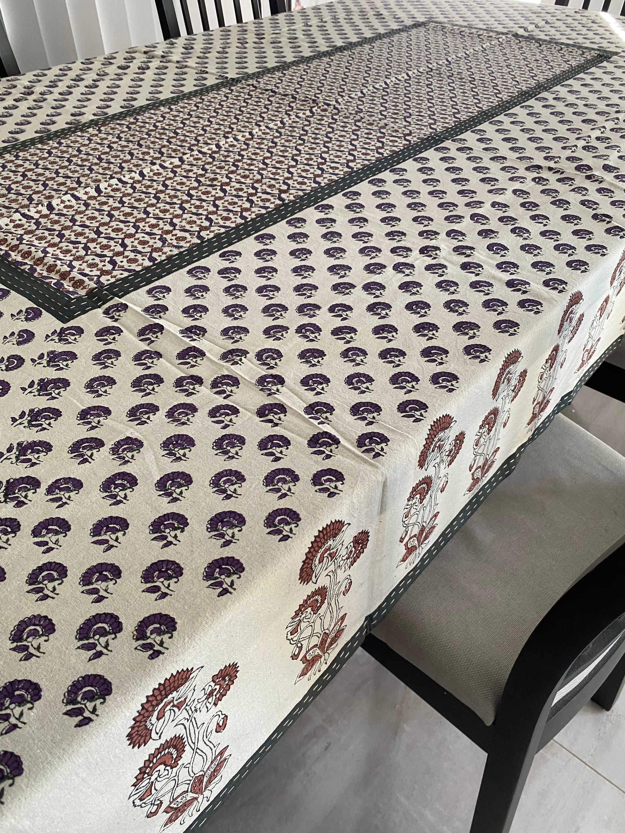 Purple and Brown Floral Block Printed Tablecloth with Hand-Stitched Borders – 100% Cotton, 6–8 Seater – Fair Trade (Sasha India)