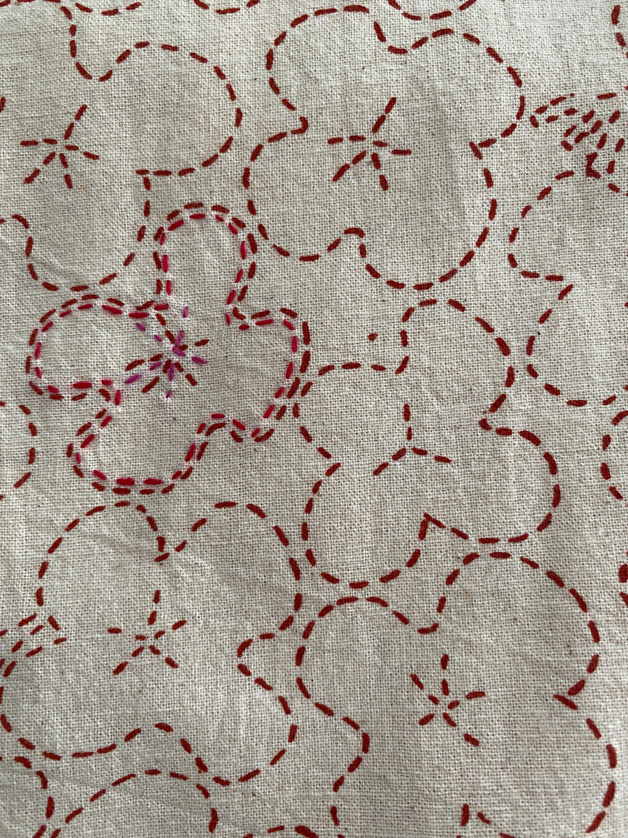 Red Floral Block Printed Tablecloth with Hand-Stitched Detail – 100% Cotton, 6–8 Seater – Fair Trade (Sasha India)