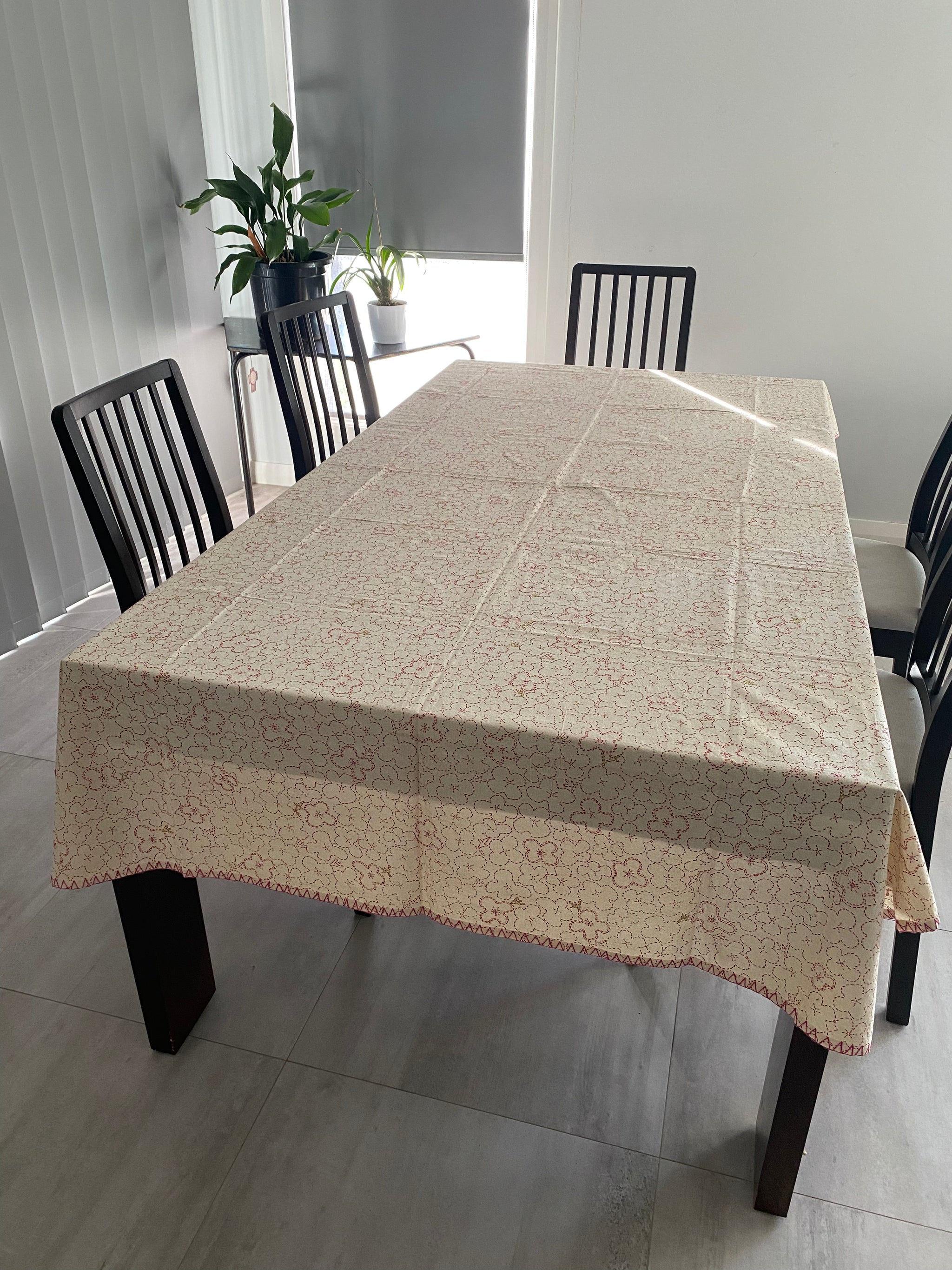 Red Floral Block Printed Tablecloth with Hand-Stitched Detail – 100% Cotton, 6–8 Seater – Fair Trade (Sasha India)