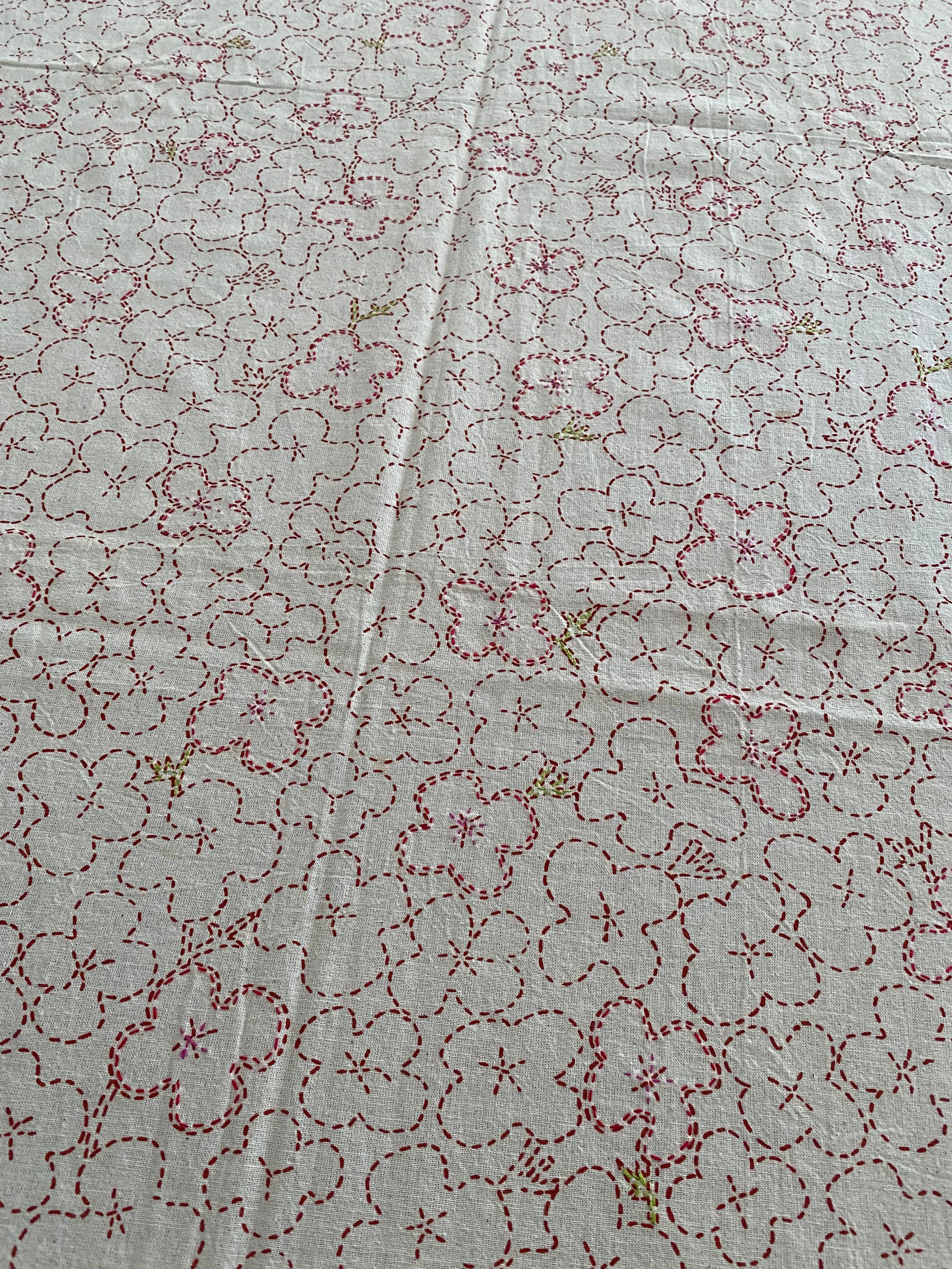 Red Floral Block Printed Tablecloth with Hand-Stitched Detail – 100% Cotton, 6–8 Seater – Fair Trade (Sasha India)