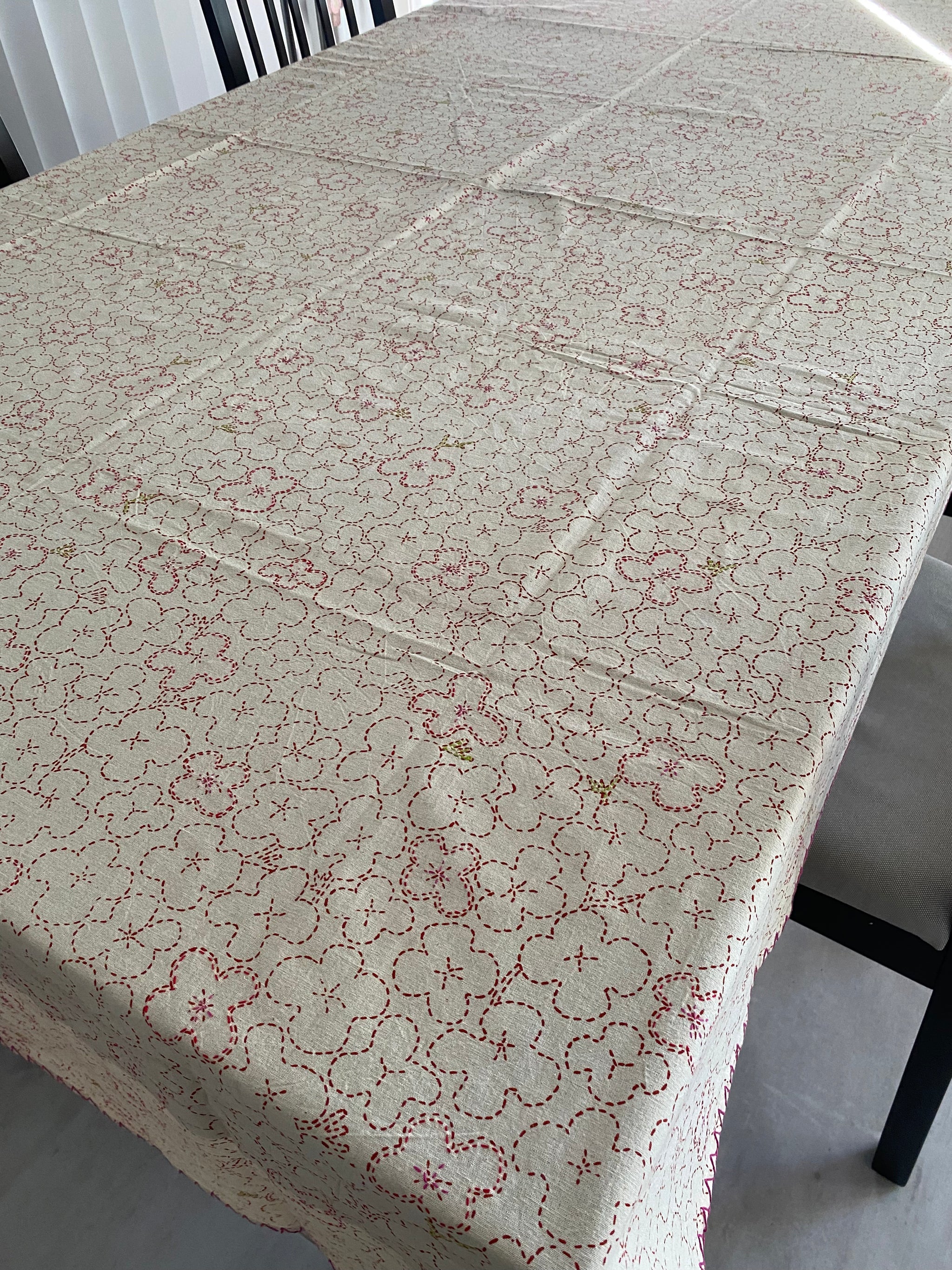 Red Floral Block Printed Tablecloth with Hand-Stitched Detail – 100% Cotton, 6–8 Seater – Fair Trade (Sasha India)