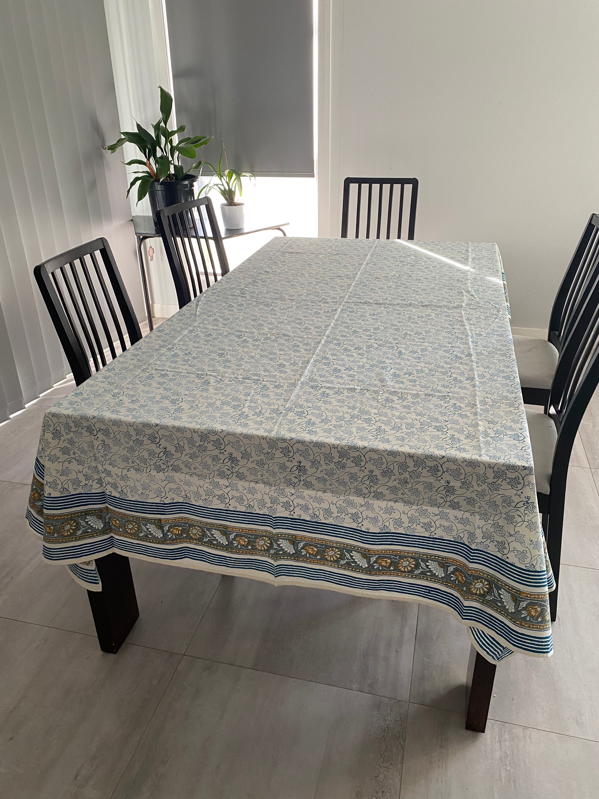 Blue Leaf and Yellow Bloom Block Printed Tablecloth – 100% Cotton, 6–8 Seater – Fair Trade (Sasha India)