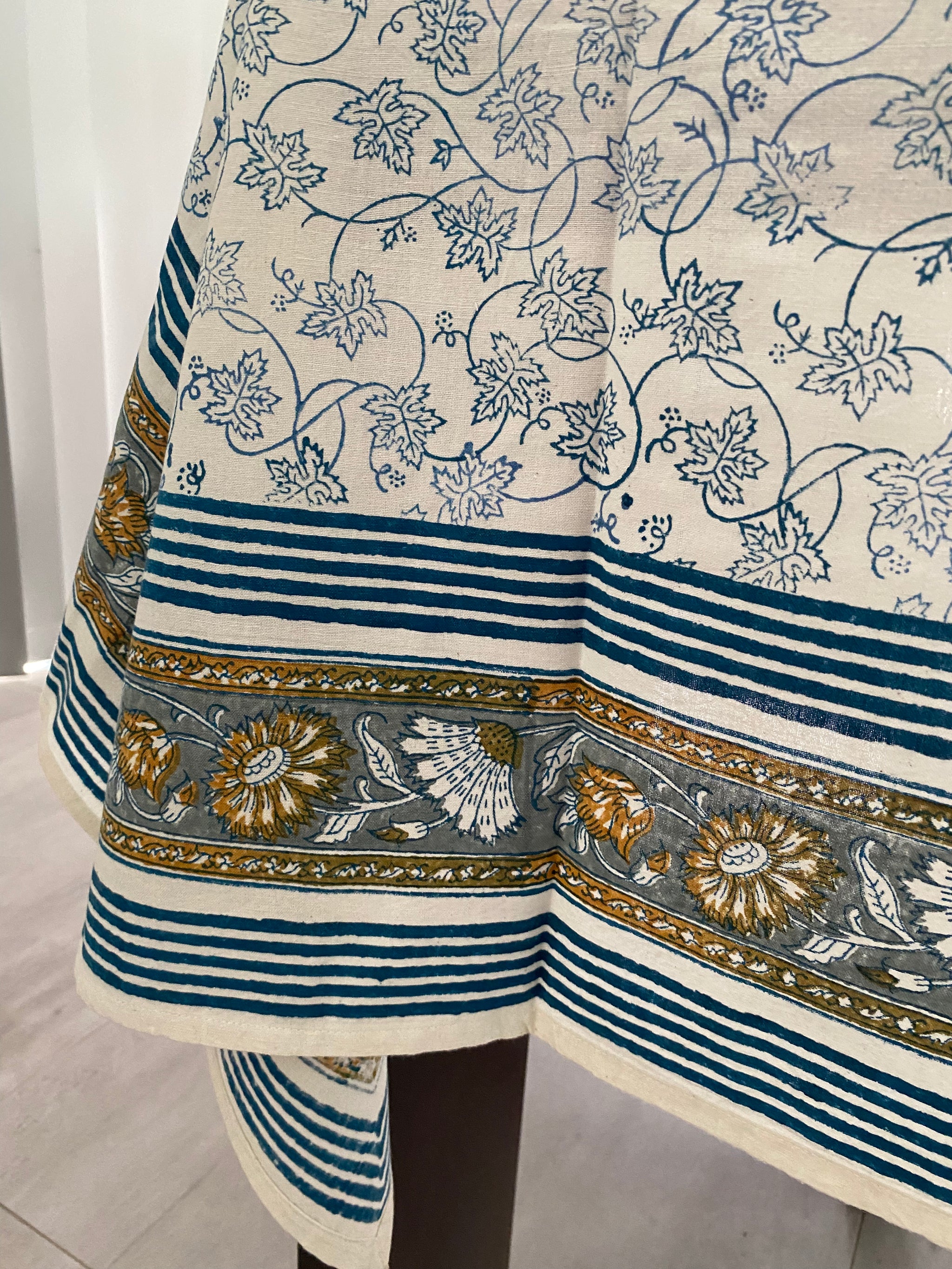Blue Leaf and Yellow Bloom Block Printed Tablecloth – 100% Cotton, 6–8 Seater – Fair Trade (Sasha India)