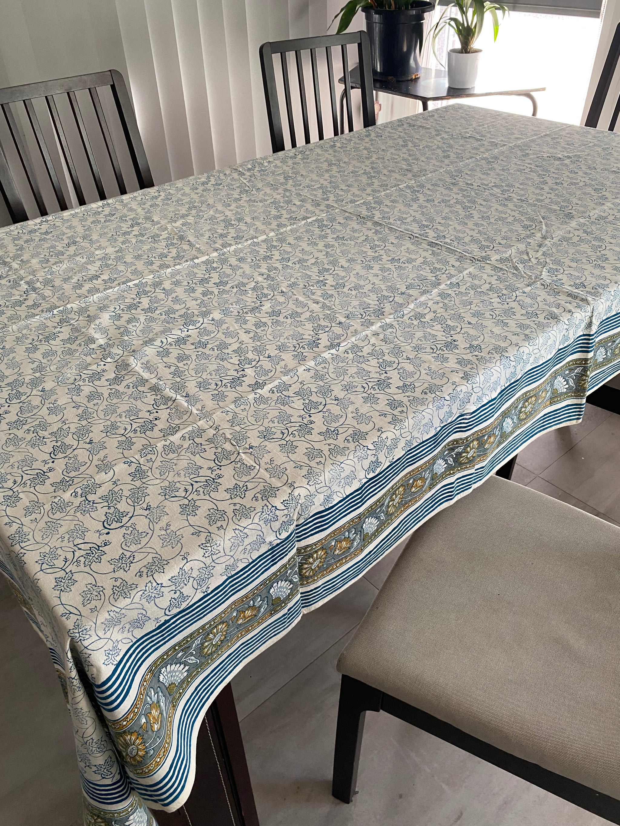 Blue Leaf and Yellow Bloom Block Printed Tablecloth – 100% Cotton, 6–8 Seater – Fair Trade (Sasha India)
